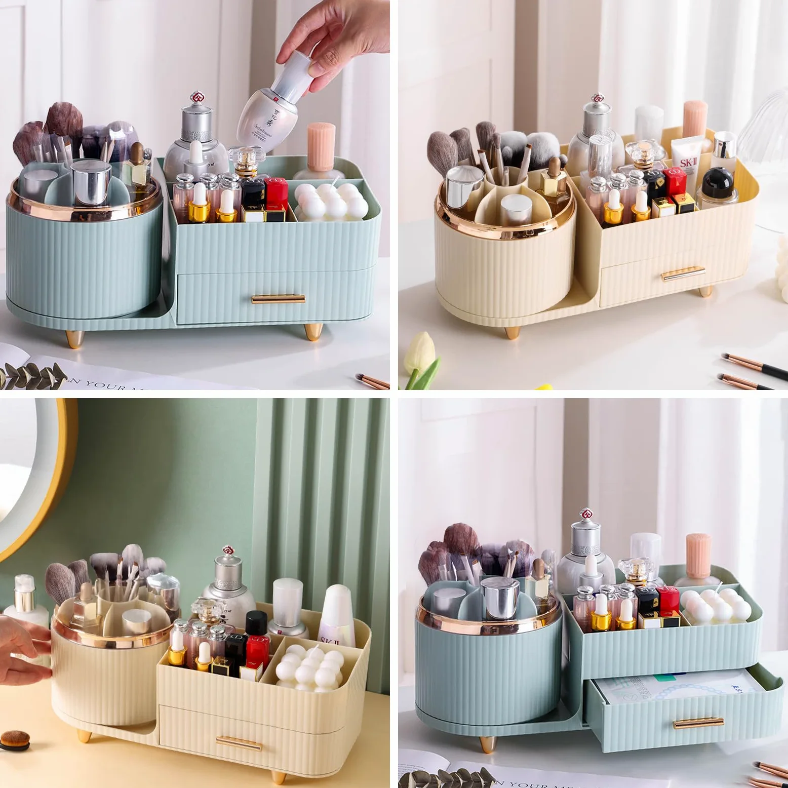 DASITON Organizer Trucchi Rotante a 360°, Porta Trucchi Organizer per Cosmetici con Cassetti,Organizzatore Trucchi di Grande Capacità, Porta Pennelli Makeup per Bagno, Camera da Letto (Crema)