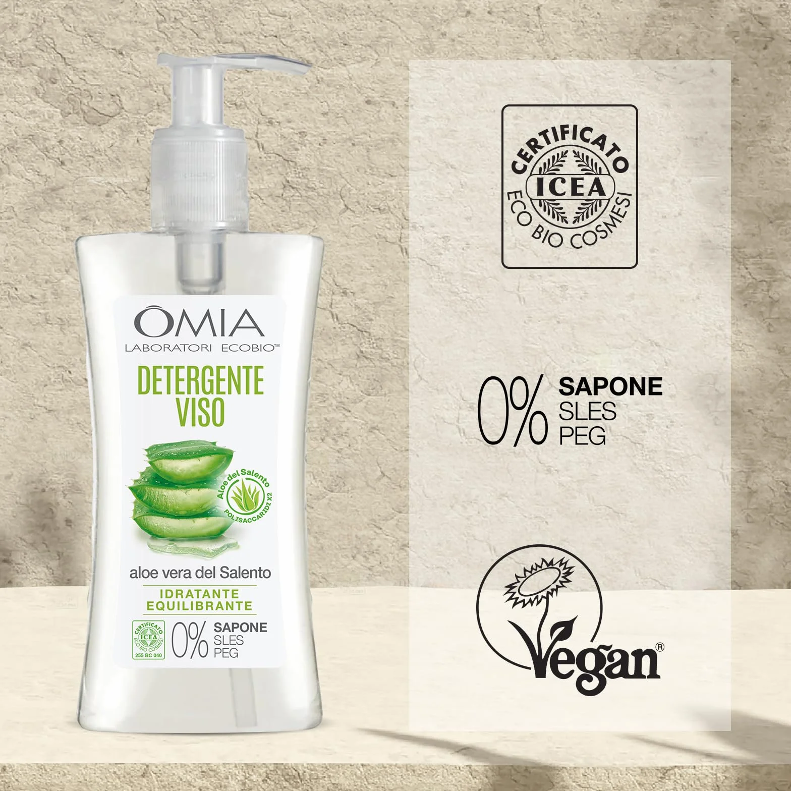 Omia - Detergente Viso Aloe Vera del Salento Eco Bio, Struccante Idratante, Equilibrante, Adatto a Tutti i Tipi di Pelle, Dermatologicamente Testato.