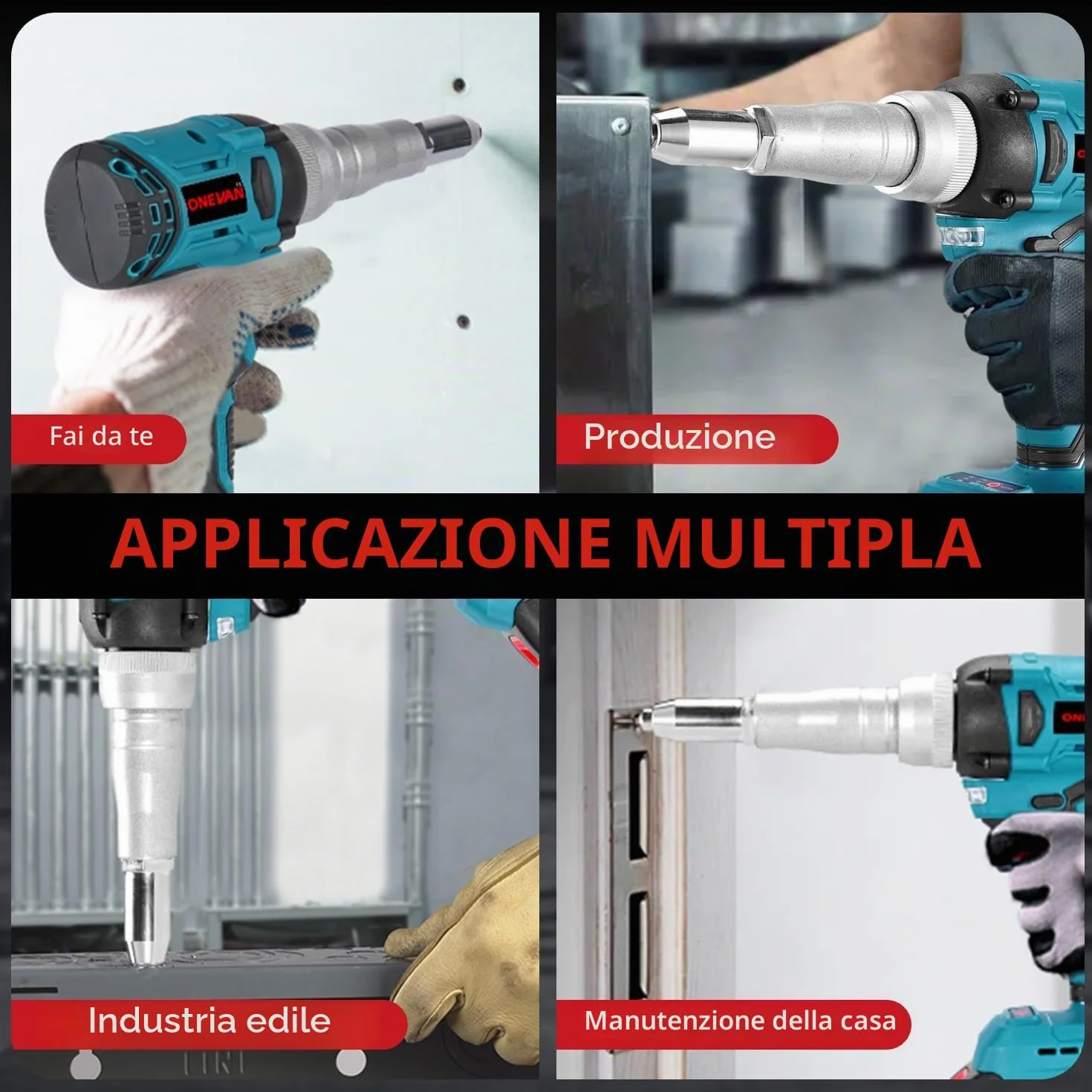 ONEVAN Rivettatrice Senza Fili a Batteria, 20 mm Corsa, 250 Nm Brushless, 5000 giri/min, 2 Batterie, per Alluminio e Rivetti Ciechi Ø 2,4-5,0 mm