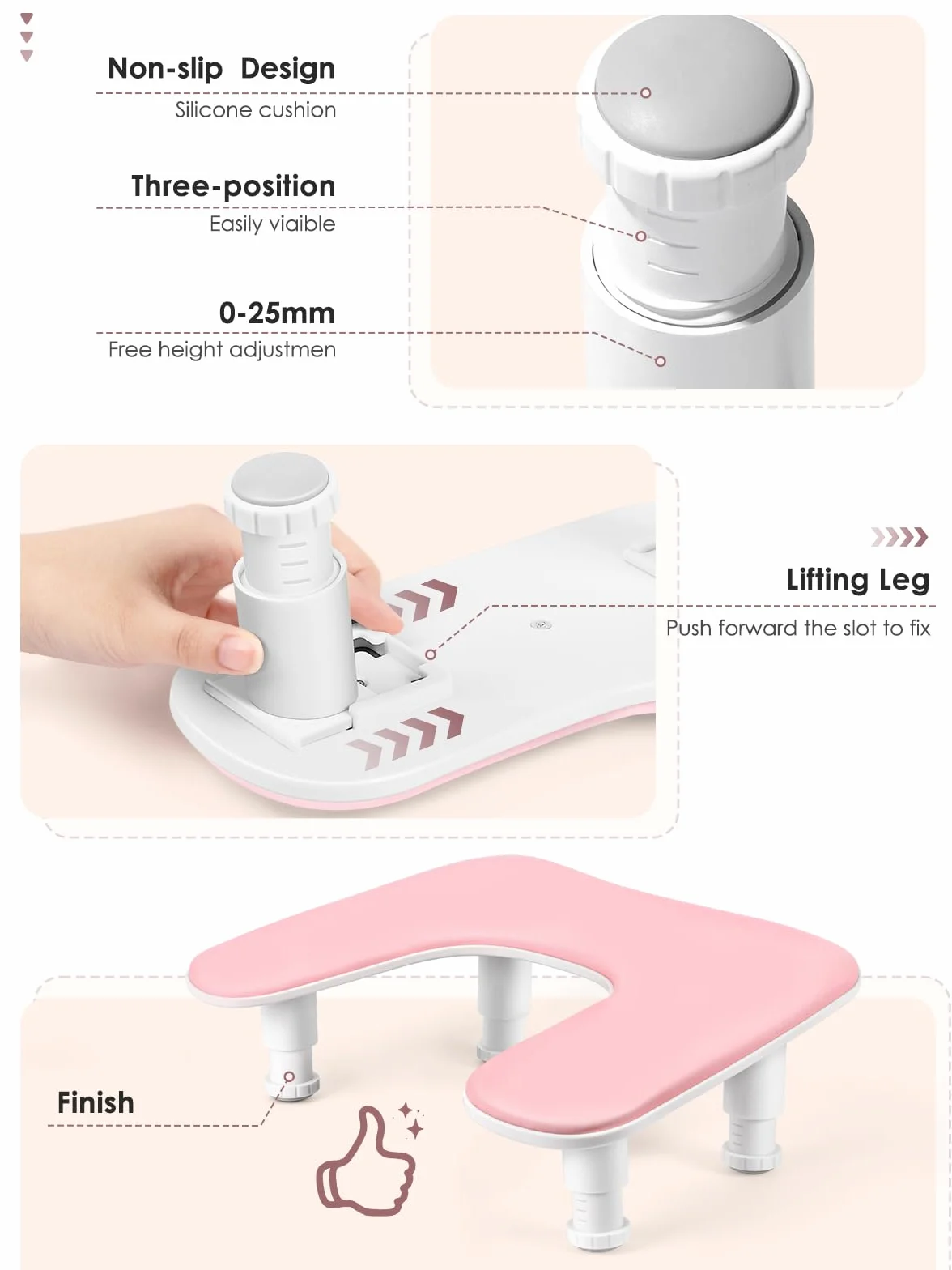 Bracciolo per mano a forma di U, poggiamani per unghie, colore rosa, per amanti della nail art, salone di nail art, per principianti e professionisti（Rosa)
