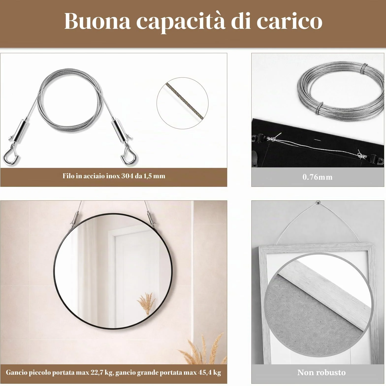 Kit Filo per Appendere Quadri, 2 Pezzi Cavo Regolabile 2m x 1mm, Ganci, Anelli a D, Viti, Corda Acciaio Inossidabile