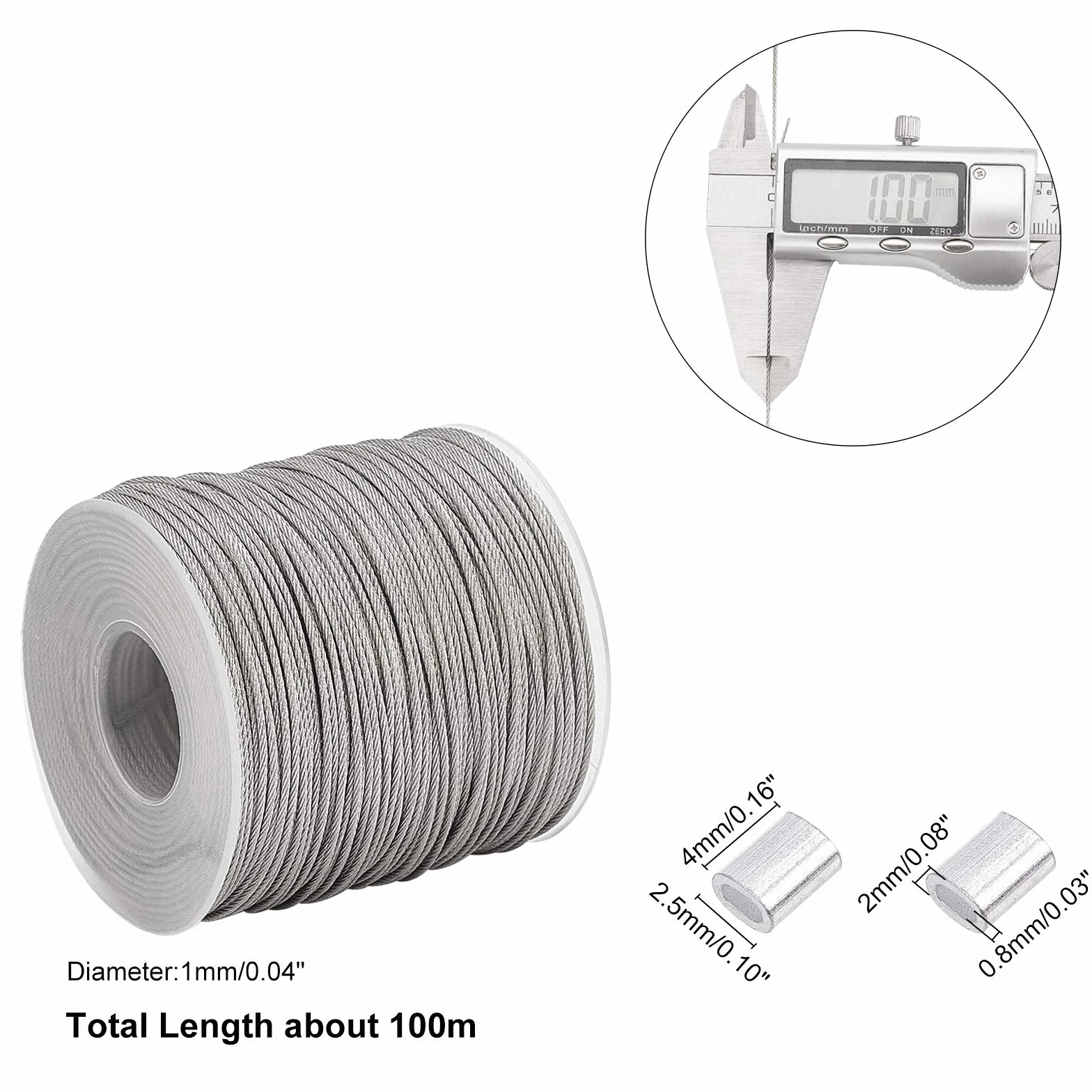 PH PandaHall 100m Filo Acciaio Inox 1 mm Cavo Intrecciato con 30pz Manicotto a Crimpare per Appendere Quadri
