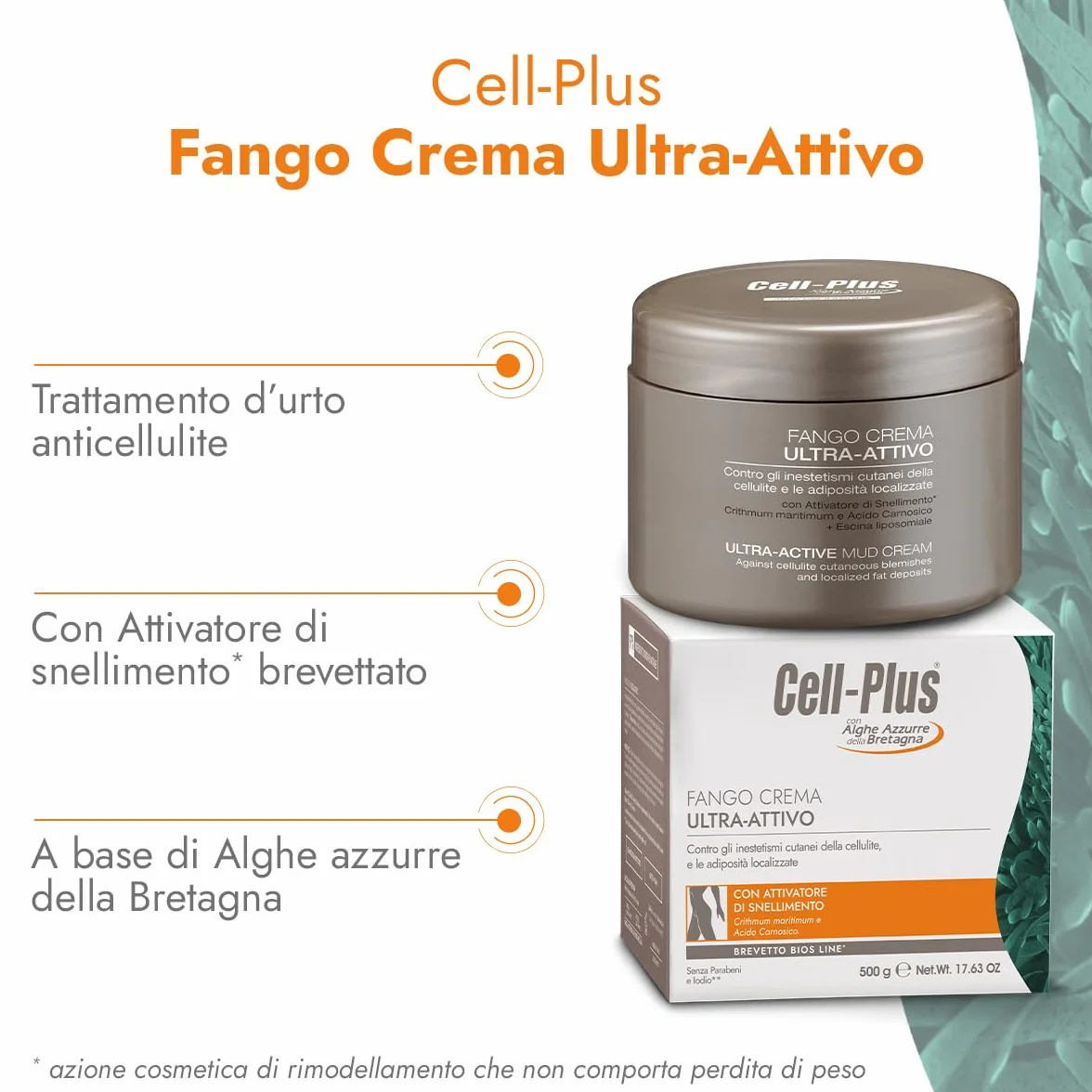 CELL PLUS Fango Crema Ultra-Attivo 500g, Trattamento Contro Cellulite e Adiposità Localizzate, Riequilibra Microcircolazione