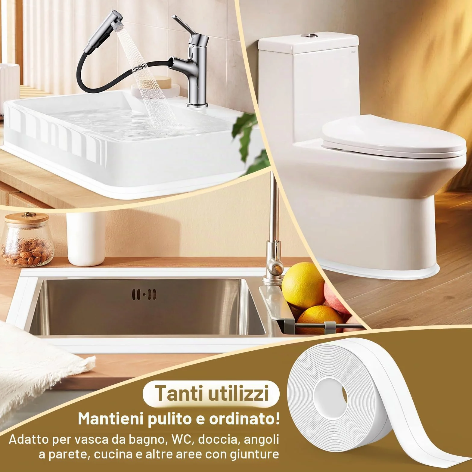 Nastro Sigillante Impermeabile Autoadesivo in PVC per Piatto Doccia Vasca Bagno Cucina Bianco 3,8 cm x 3,2 m