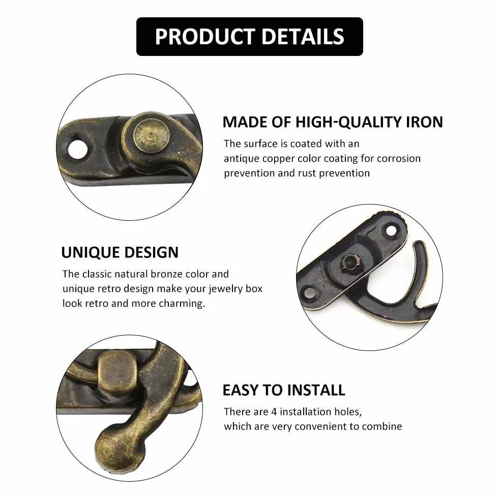 Antico Hasp Bronzo 2 Pezzi Gancio a Scatto Destro 43 x 37 mm per Cassette Legno