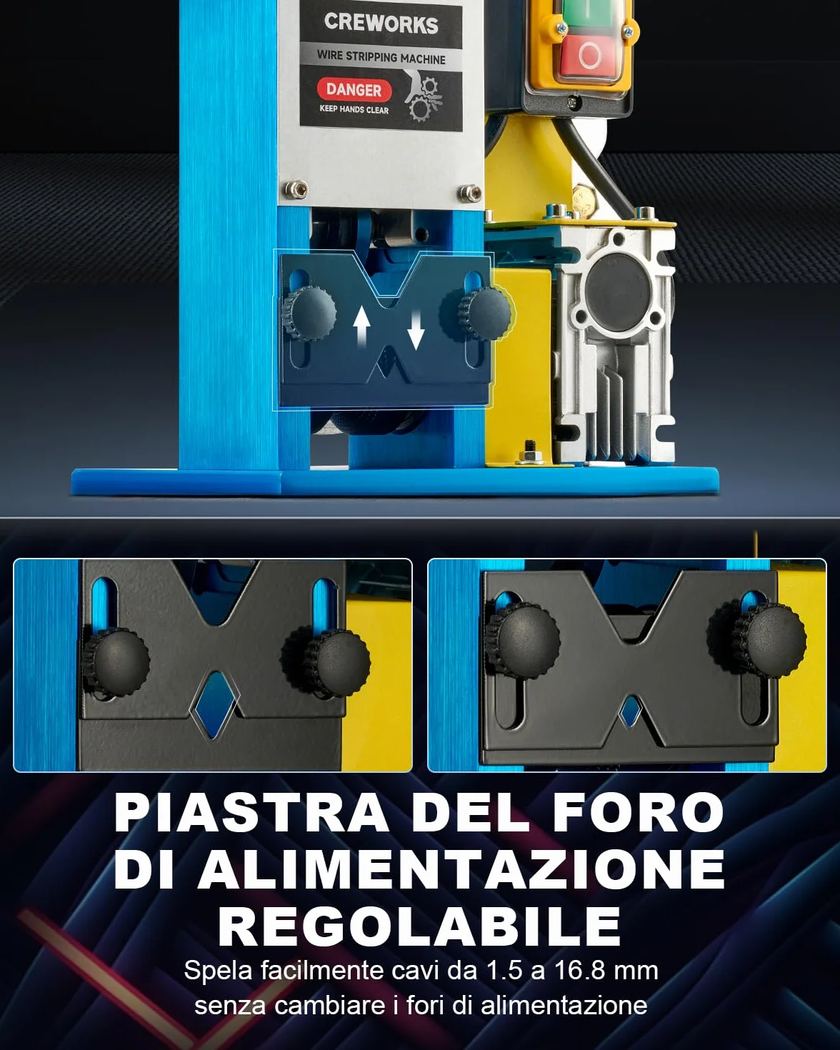 CREWORKS 180W Professionale Spellacavi Elettrica con 3 Piastre Foro 5 Canali per Cavo Φ1.5-25mm Spelafili Sguainacavi per Riciclaggio Cavi