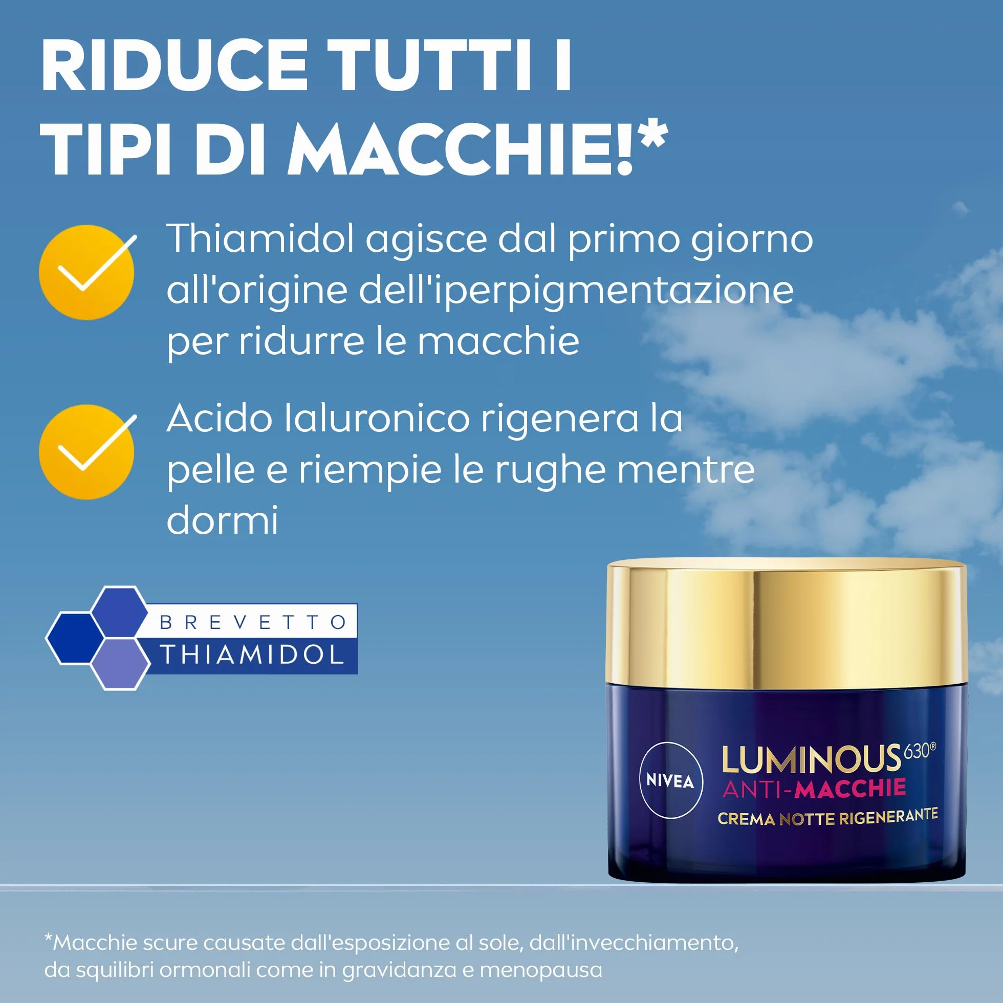 NIVEA Luminous630 Anti-Macchie Crema Notte Rigenerante 50 ml, Crema viso antirughe e antimacchia con Acido Ialuronico e Thiamidol brevettato, Efficiacia antimacchie viso per una pelle rinnovata