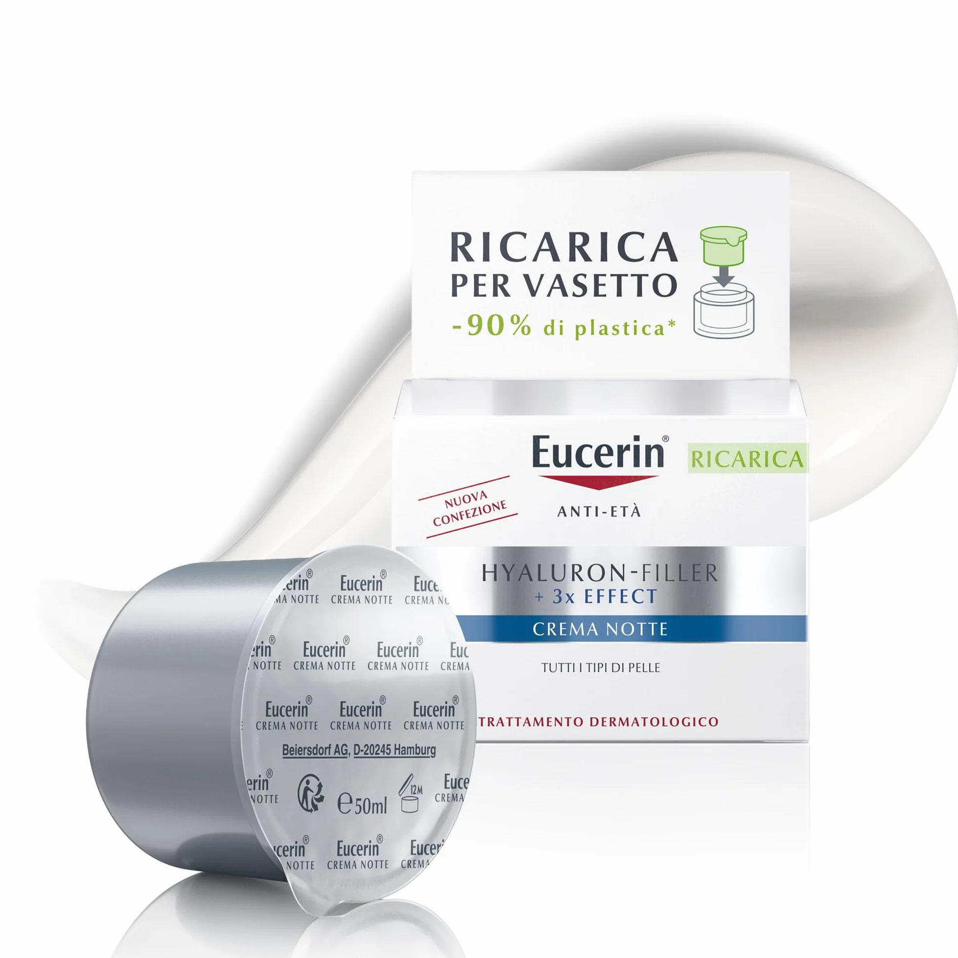 Eucerin Hyaluron-Filler Ricarica Crema Notte 50 ml, Refill crema viso antirughe e antiossidante, Formula con Acido Ialuronico rigenerante durante la notte per tutti i tipi di pelle