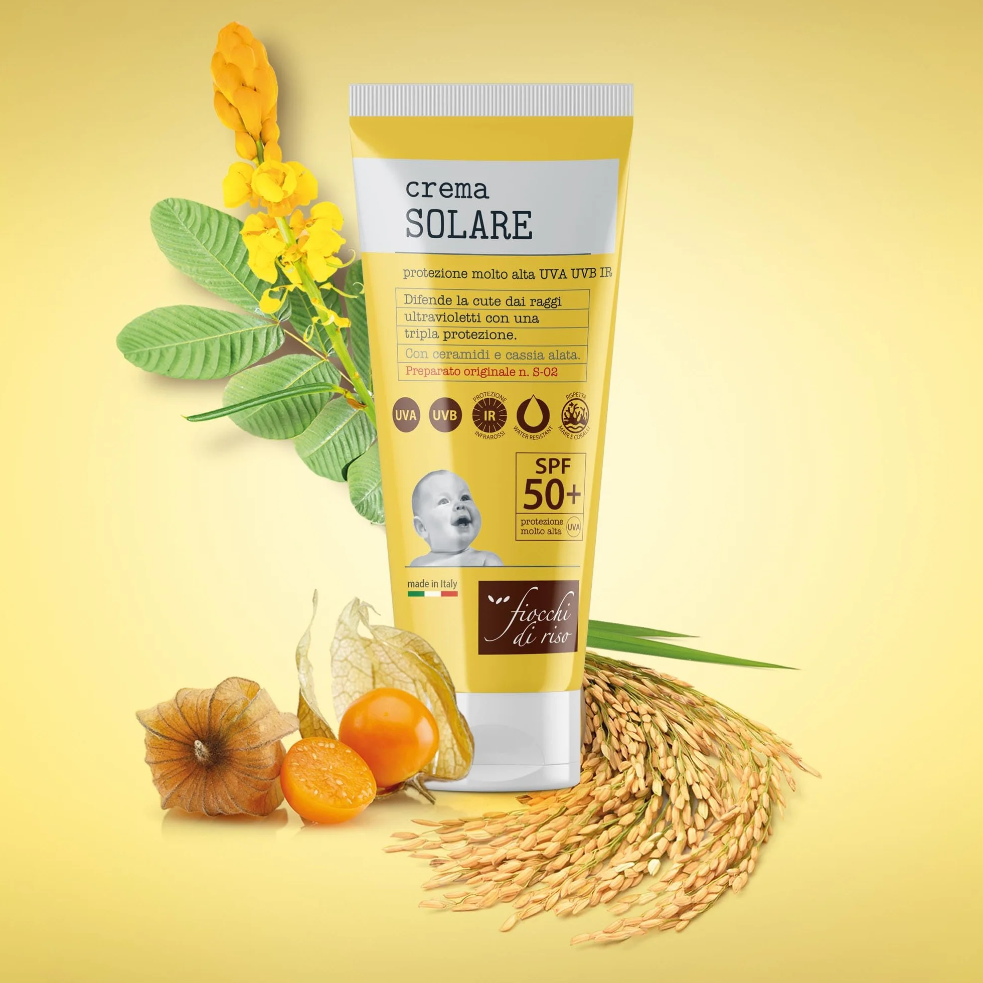 Fiocchi di Riso - Crema SOLARE 50+ - 100ml - PROTEZIONE SOLARE - SPF 50+ - Ideale per difendere la cute dai raggi ultravioletti con una tripla protezione. Con ceramidi e cassia alata. Pack riciclato