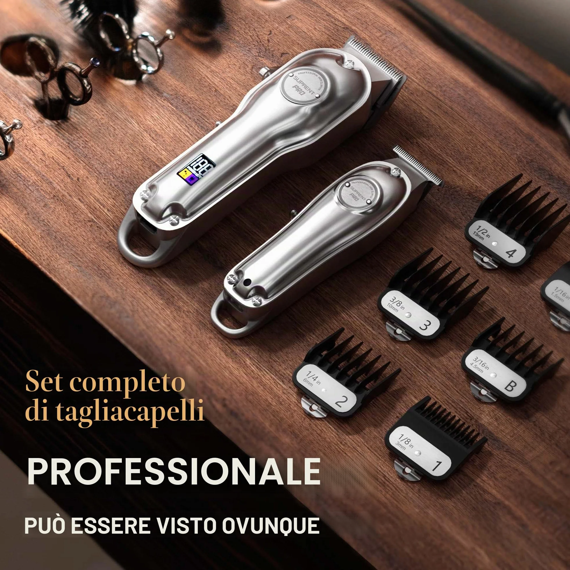 SUPRENT Tagliacapelli Uomo Professionale, Elettrico Taglio Capelli Taglierina Macchinetta senza fili, Regolabarba Uomo Kit con Pettini Guida in acciaio inox (Argento)