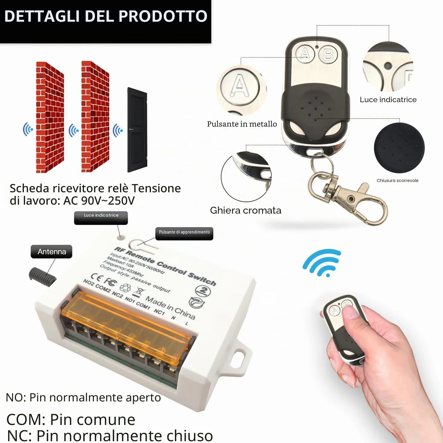 DieseRC 2 Canali Interruttore Telecomando Senza Fili 433 MHz RF 220V 230V 10A Relè Ricevitore con 2 Trasmettitori Portachiavi