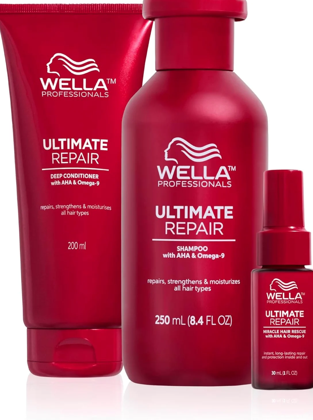 Wella Professionals ULTIMATE REPAIR Shampoo Professionale 250ml, Conditioner Professionale Idratante 200ml e Miracle Hair Rescue Siero 30ml per Capelli Danneggiati