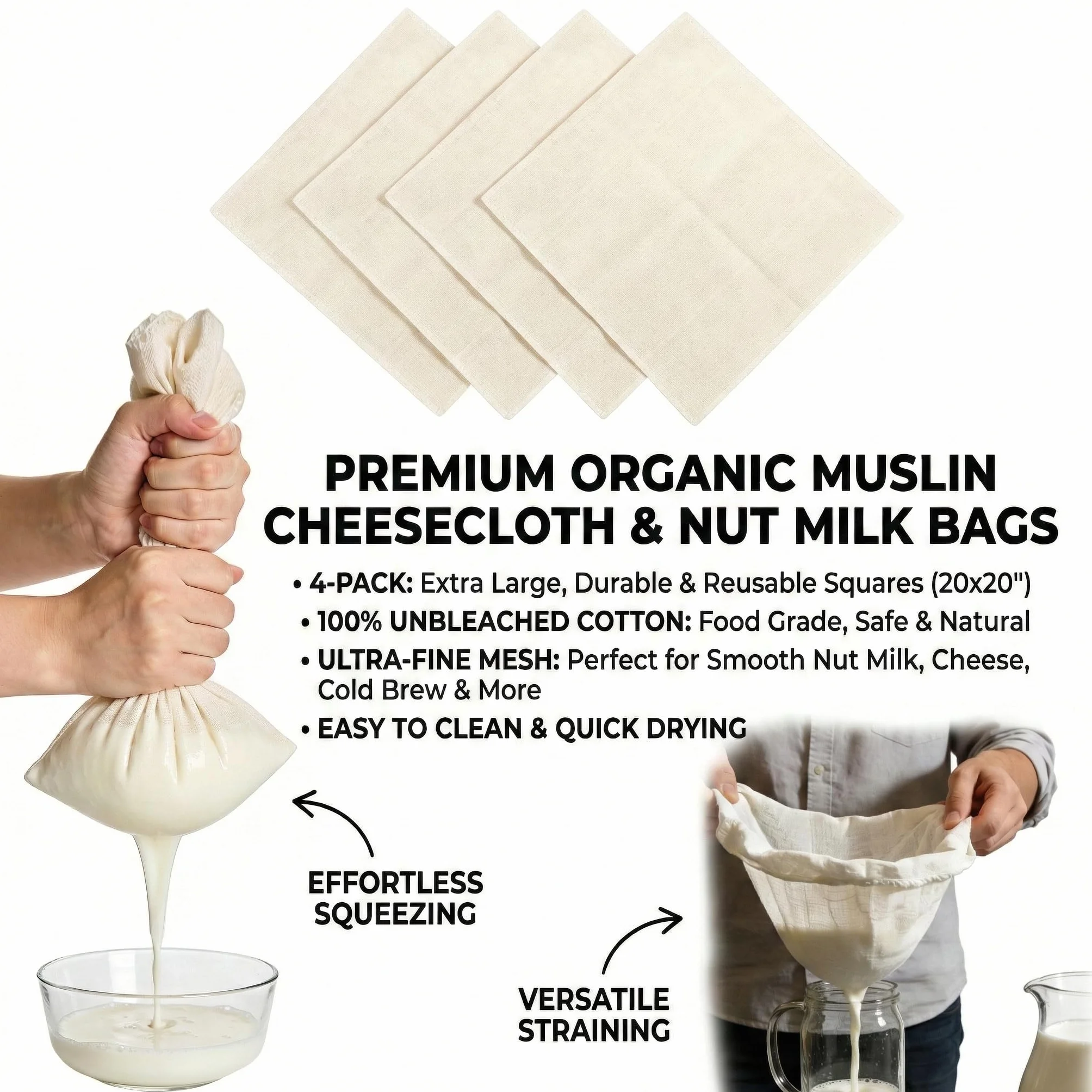 4 Panni per Formaggio Riutilizzabili, Cotone Non Sbiancato per Filtrare Yogurt, Succo di Verdura, Latte, 50x50 cm e 60x60 cm, Adatti per Lavorare con Alimenti Caldi, Facili da Pulire e Duraturi