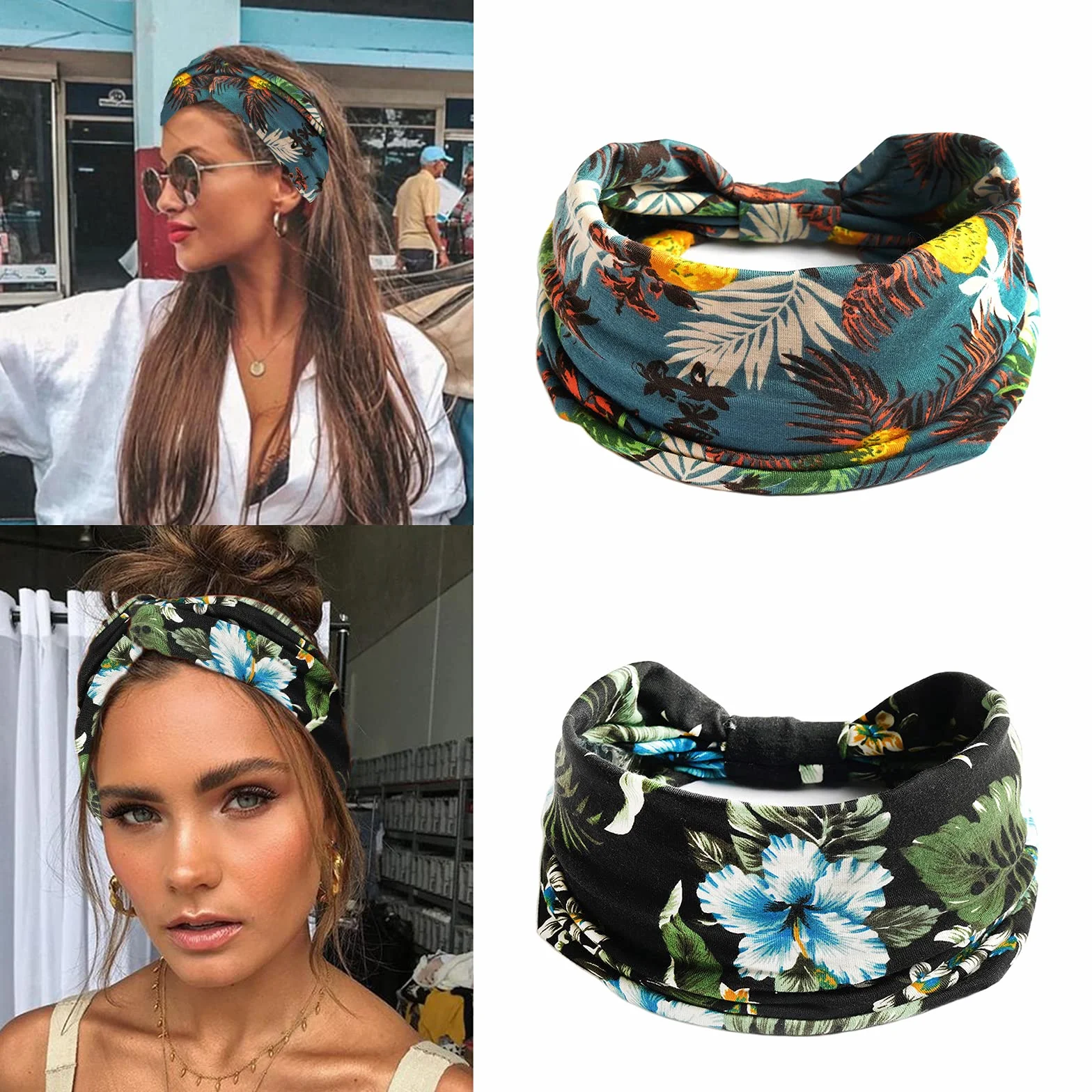 4 Pezzi Fasce per Capelli Donna, VEGCOO Fascia per Capelli Boho Stile Ragazze, Elastiche Larghe Accessori per Capelli con Stampa Floreale per Yoga, Corsa (B)