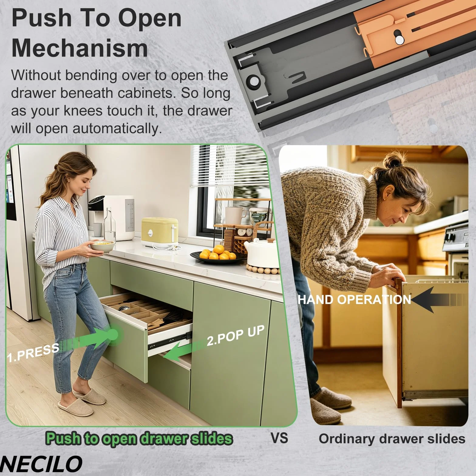 NECILO guide push-to-open cassetti 300mm 45kg estrazione totale cuscinetti a sfera nero 1 coppia 2 pezzi