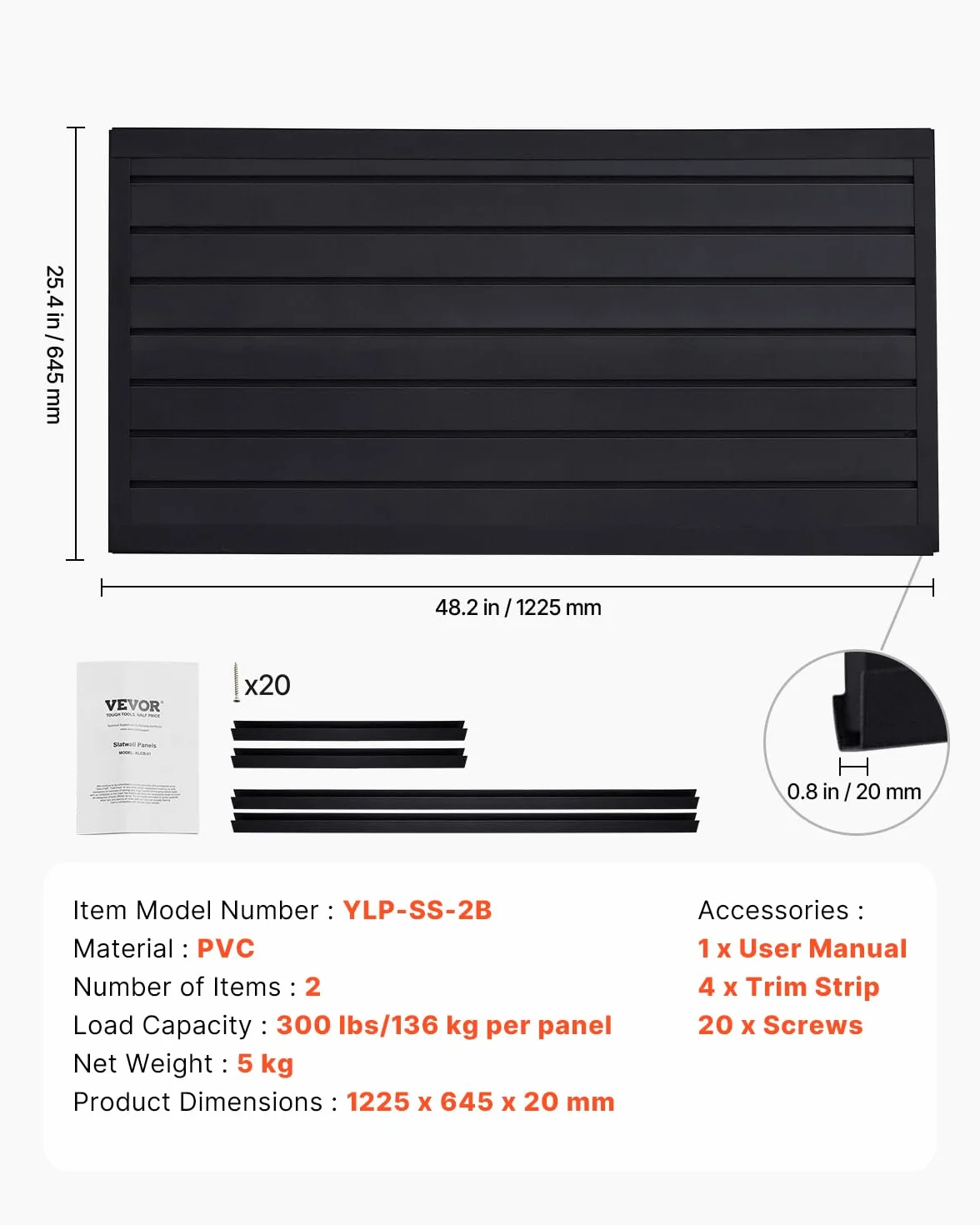 VEVOR Pannelli per Pareti a Doghe Modulare Regolabile Nero 1225 x 645 x 20 mm