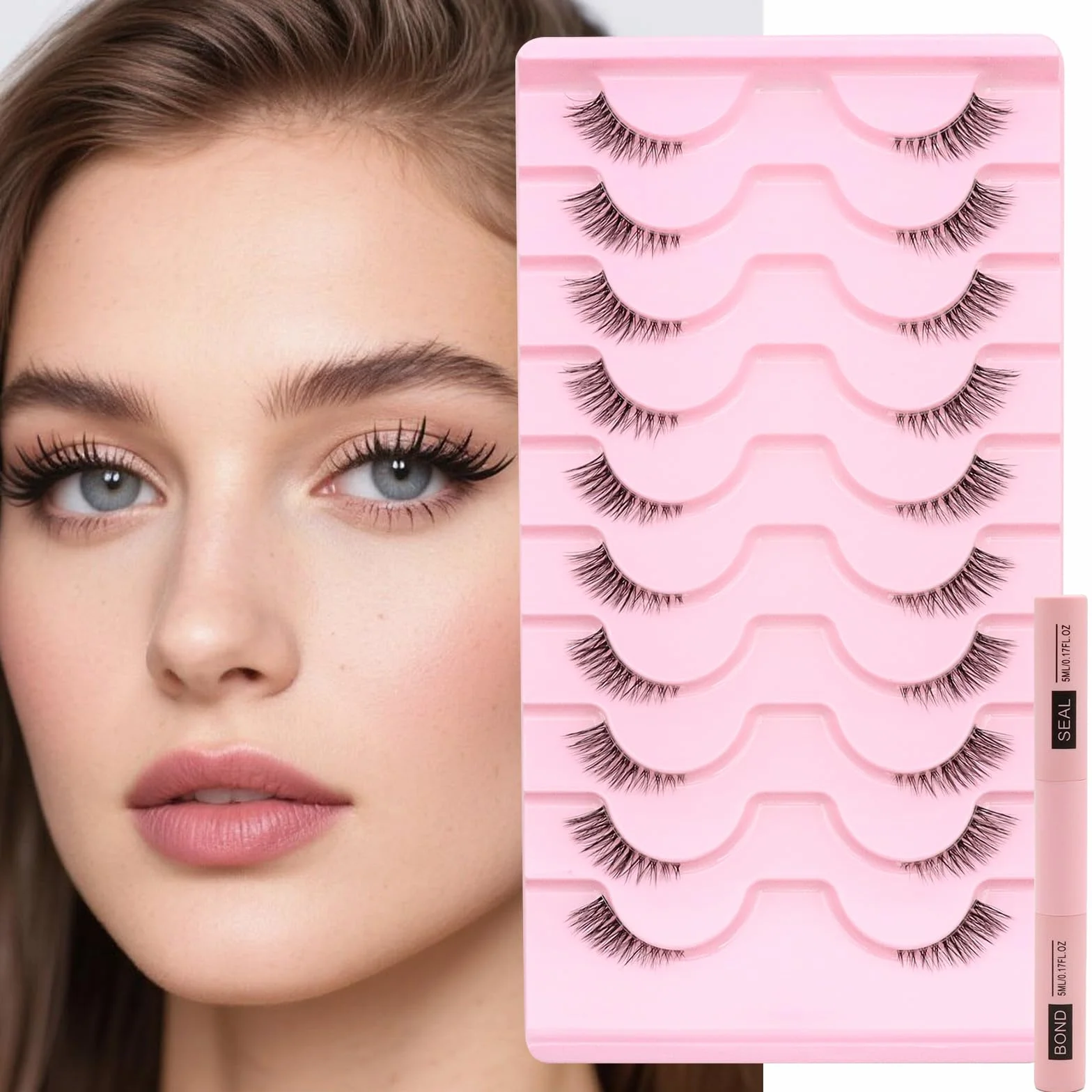 VEGCOO 10 Paia Mezze Ciglia Finte Naturali, Ciglia Occhio di Gatto Fake Half Eyelashes Riutilizzabile, 3D Cancella Banda Trasparente Corner Lashes (HN-Stelo trasparente)