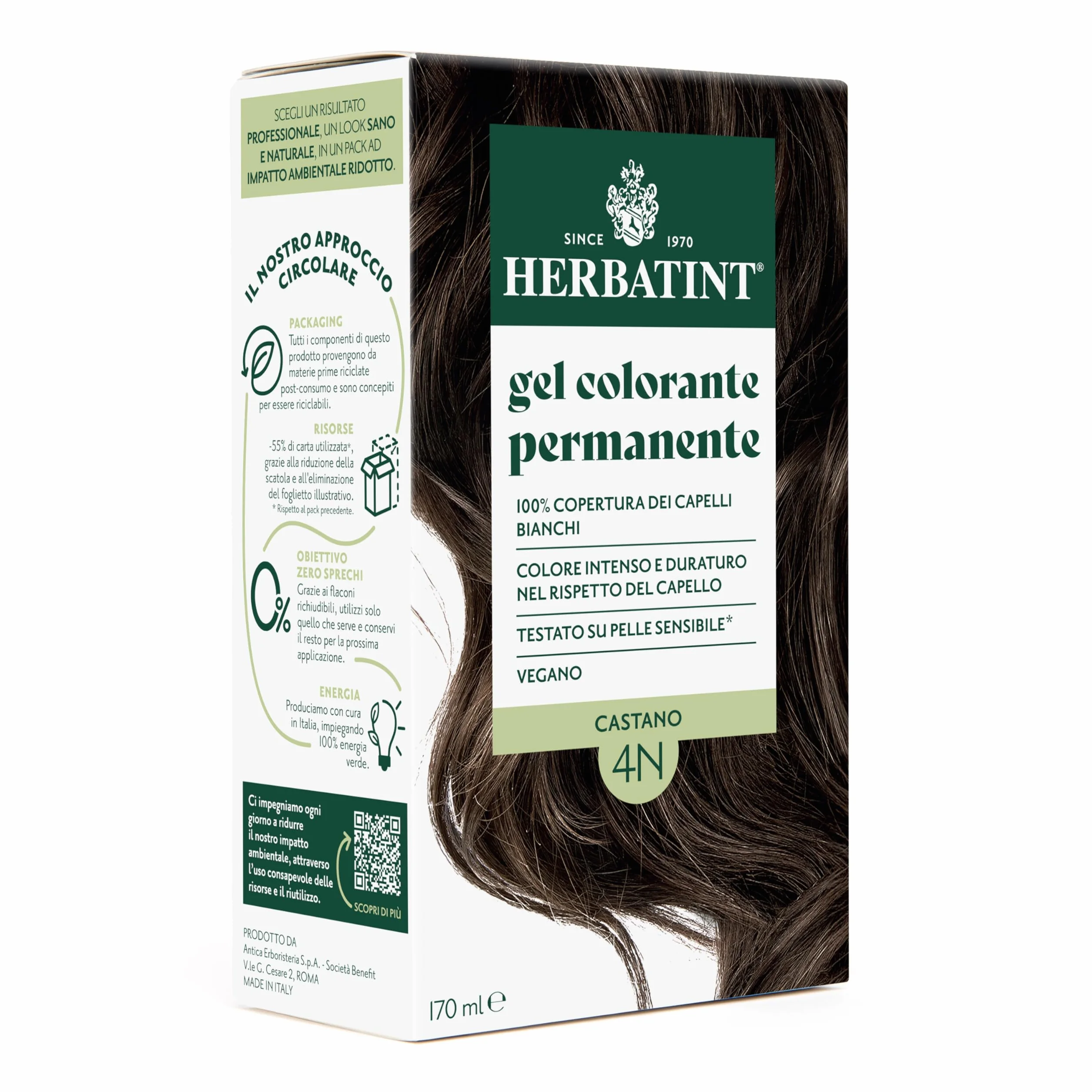 Herbatint Gel Colorante Permanente per Capelli 4N Castano - 170 ml | Senza Ammoniaca, 100% Copertura Capelli Bianchi | per Pelli Sensibili, con 8 Estratti Naturali Bio