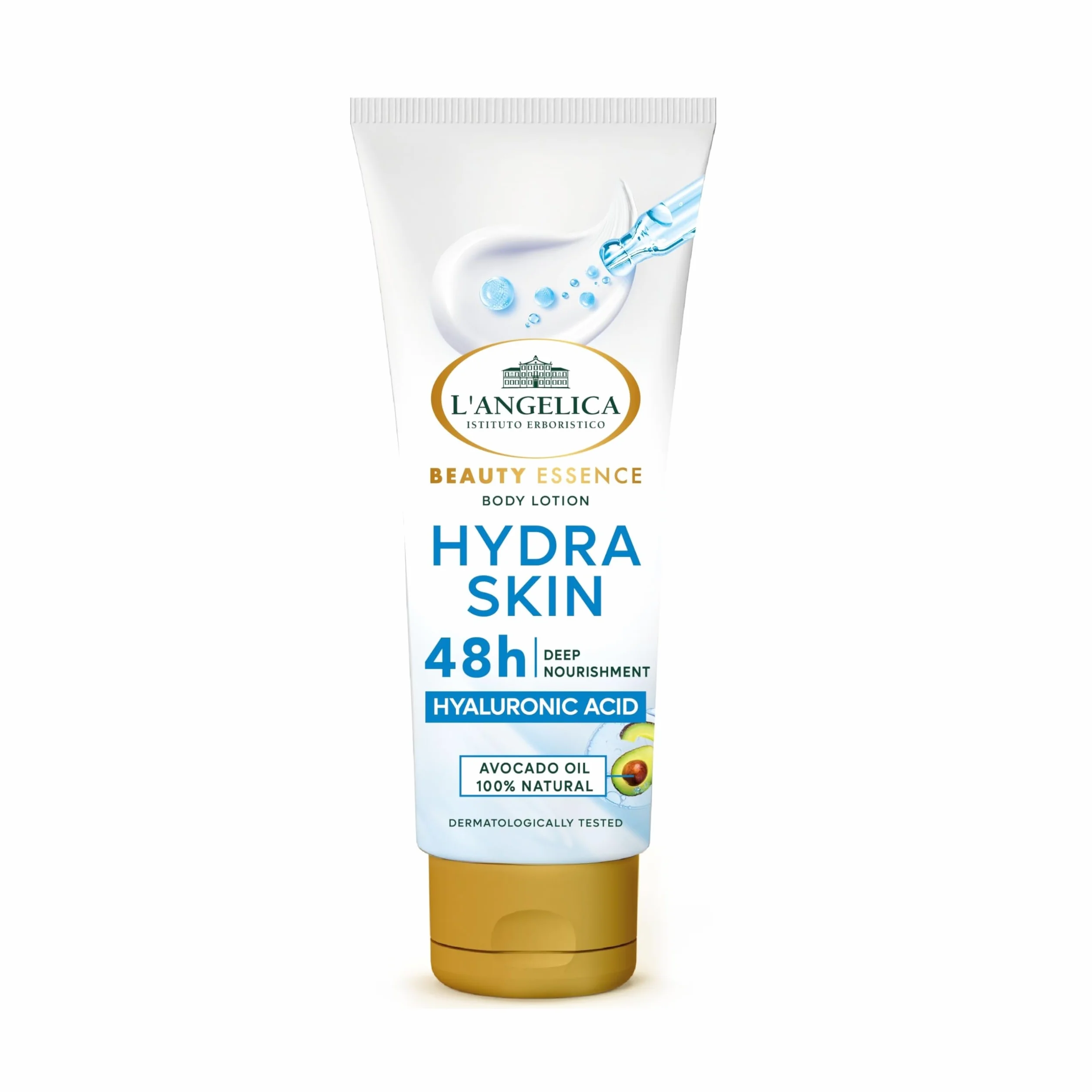 L'Angelica Beauty Essence, Body Lotion Hydra Skin, Pelle Morbida e Levigata, 48H di Idratazione, Crema Corpo Con Acido Ialuronico e Olio di Avocado 100% Naturale, Dermatologicamente Testato, 250ml