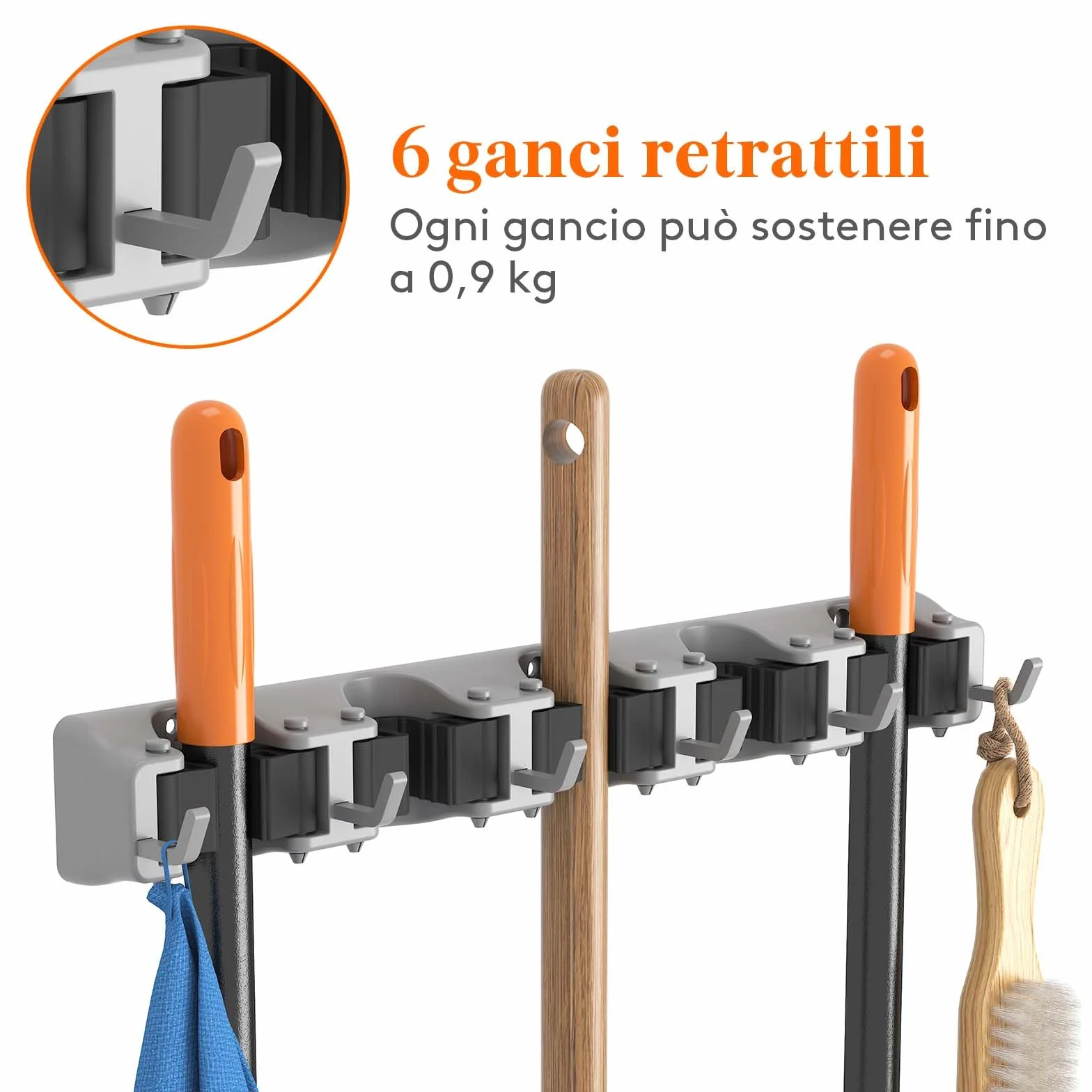 Lifewit Portascope da Muro Appendibile, Supporto Parete per Scopa e Materiali per la Pulizia, 5 slot 6 Ganci, Nero