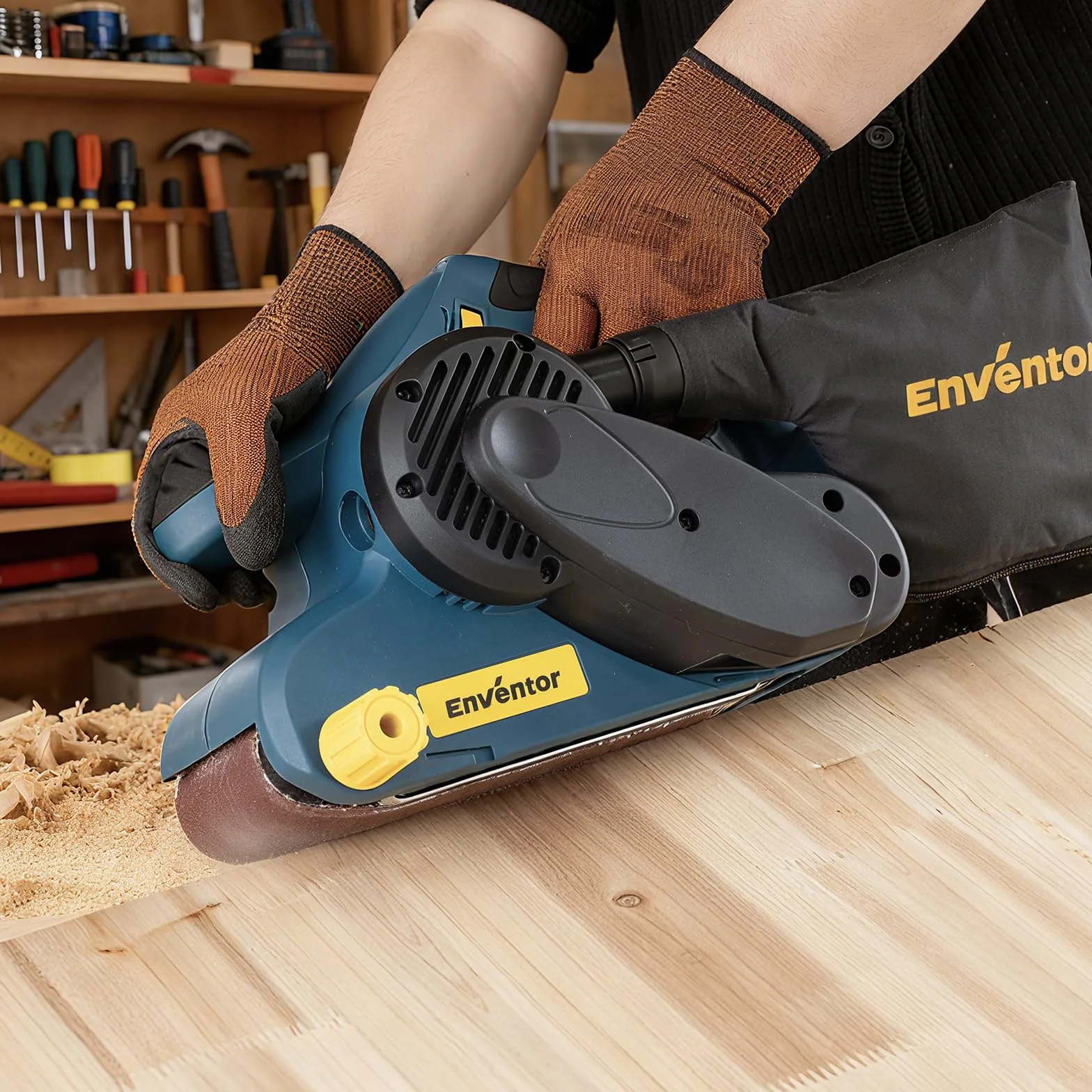 Enventor Levigatrice a Nastro 950W 6 Velocità 120-380m/min 12 Nastri Abrasivi 76 x 533mm Sacchetto Raccoglipolvere