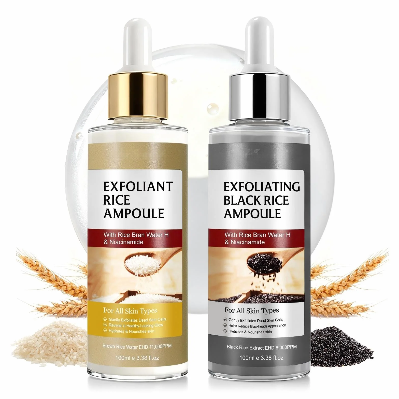 Peel Shot Glow Rice Ampoule Duo, Esfoliante Riso Bianco & Nero, Delicato scrub viso per la rimozione di cellule morte della pelle e punti neri, siero idratante, cura della pelle coreana 100ML*2Pack