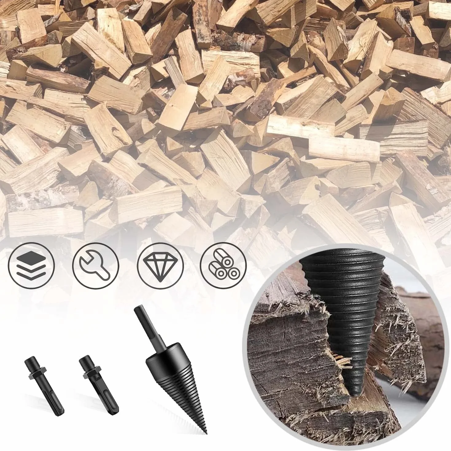 Spaccalegna a vite 42 mm con 3 maniglie, coni per legno