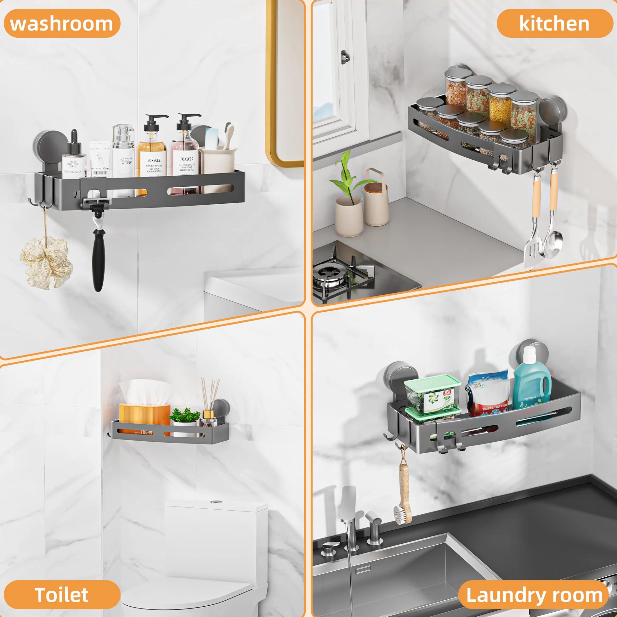 Mensola Doccia Senza Foratura Wisfame, Portasapone Bagno con Ganci, Alluminio Antiruggine Grigio