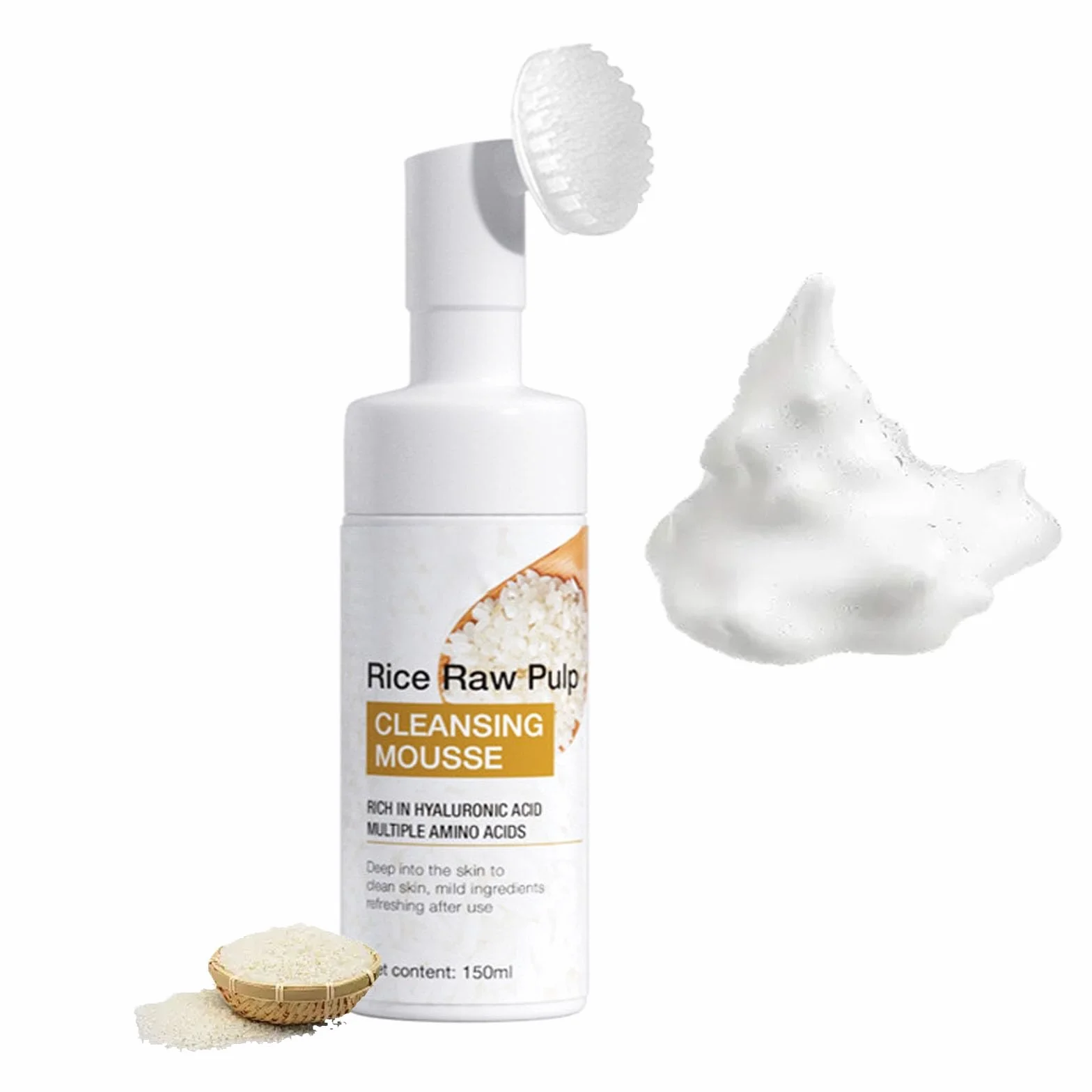 Detergente schiumogeno per riso, detergente esfoliante delicato per il viso con spazzola in silicone, detergente idratante profondo per il viso al riso, detergente nutriente e idratante per la cura
