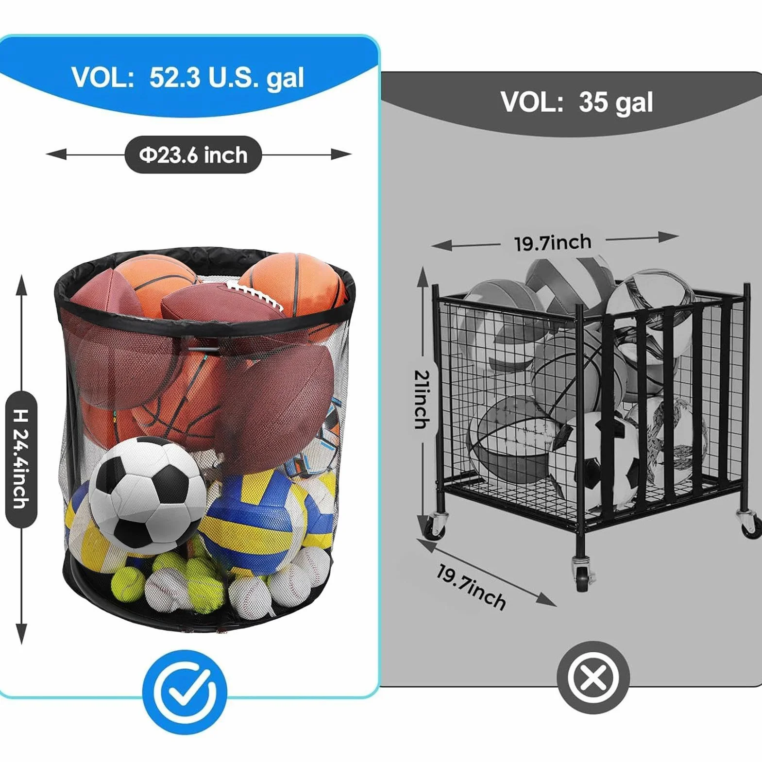 Contenitore per Palle Portapalle da Garage Grande Capacità Esterno Sport