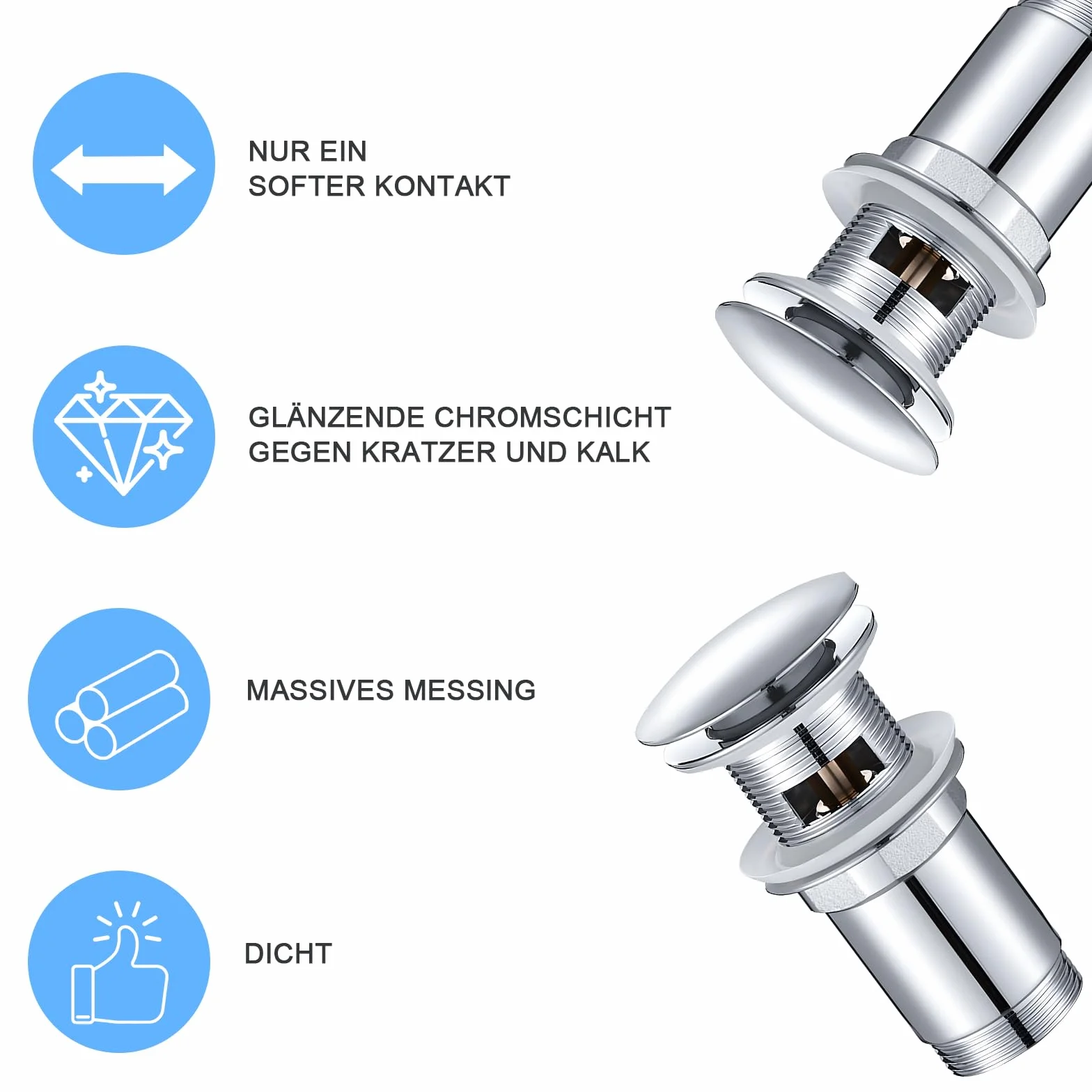 Piletta Lavabo con Troppopieno in Acciaio Inox, Valvola Pop-Up Universale per Lavandino
