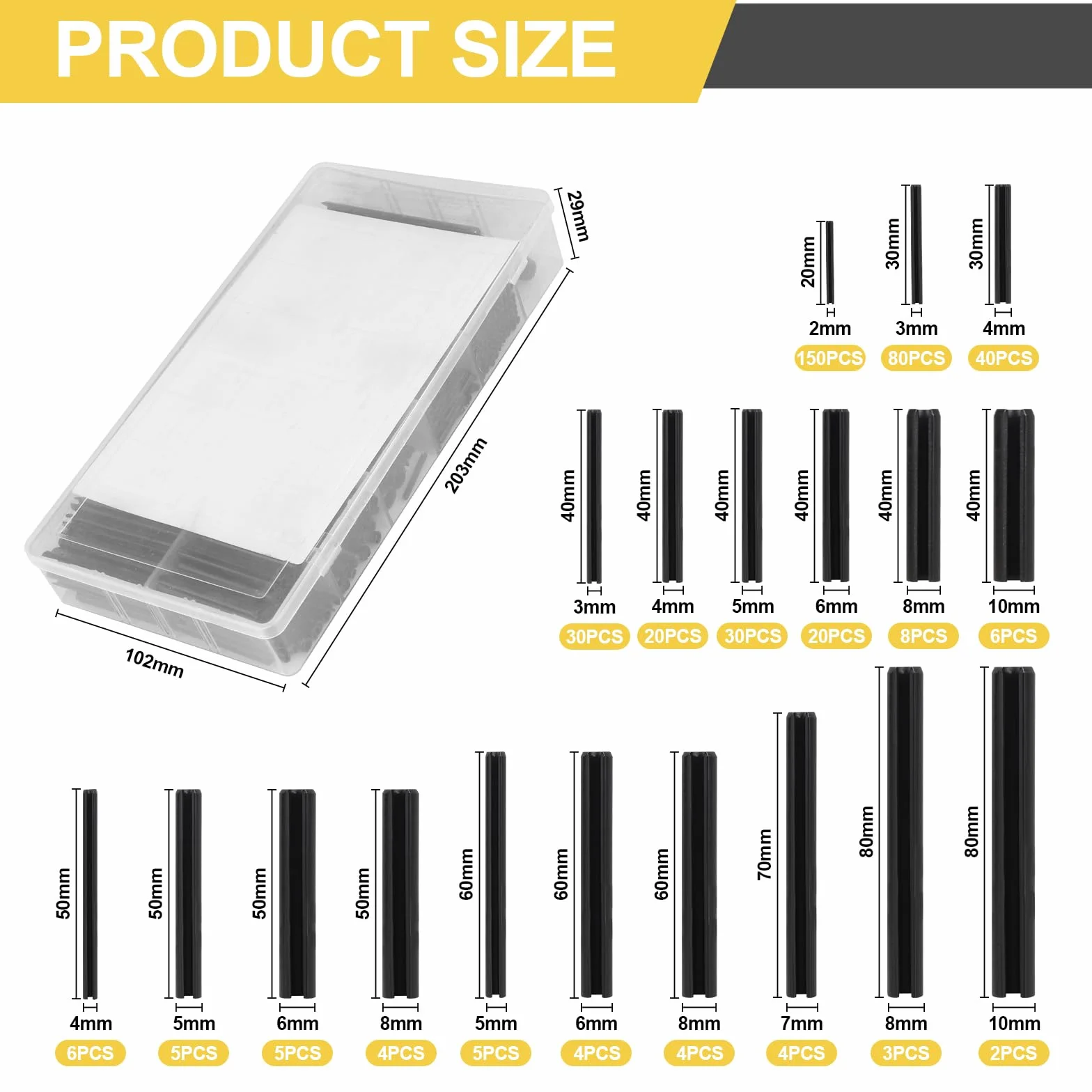 450 Pezzi Spine Elastiche Acciaio Inox, 19 Dimensioni Perno di Tensione a Molla Nero Ø 2.0-10mm, con Scatola di Plastica