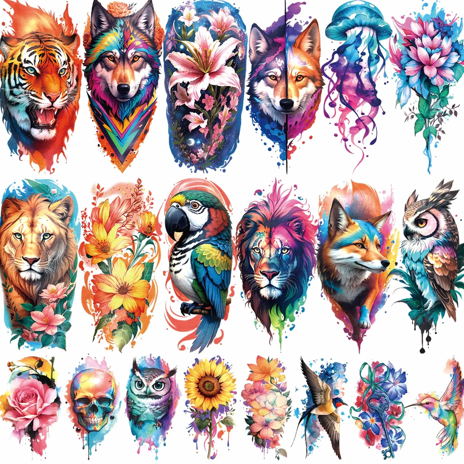 77 Tatuaggi Temporanei Fiori Leoni Tigri, 17 Grandi Disegni Mezzo Braccio Gatti-Gufi-Pappagalli, 60 Mini Lupi Piume Realistici Adulti Bambini