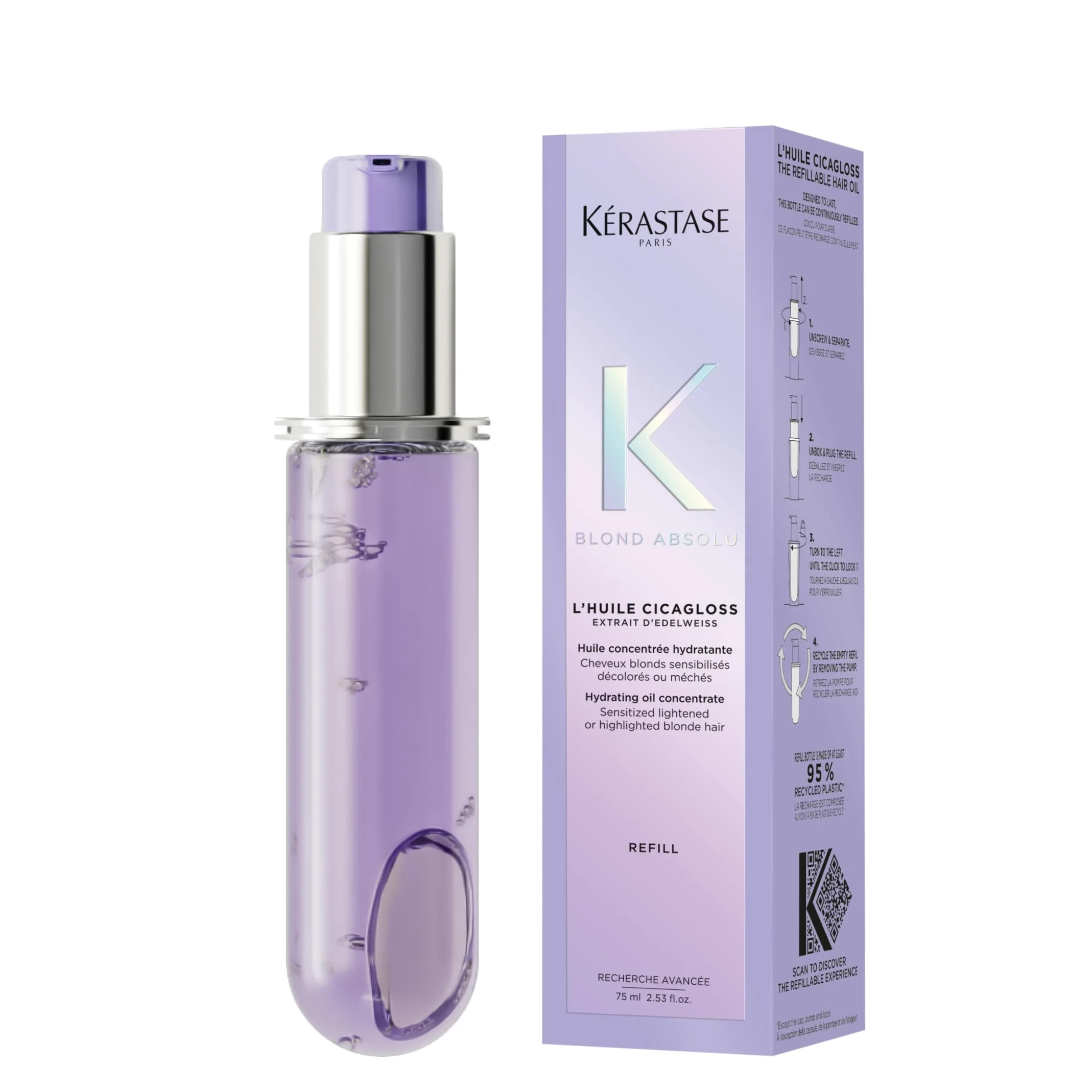 Kérastase, Blond Absolu, Olio Per Capelli Biondi, Decolorati e Sensibilizzati, Ricarica, Idratazione Intensa, Fibra Fortificata e Colore Ravvivato, Con Fiore di Stella Alpina, Cicagloss, 75 ml