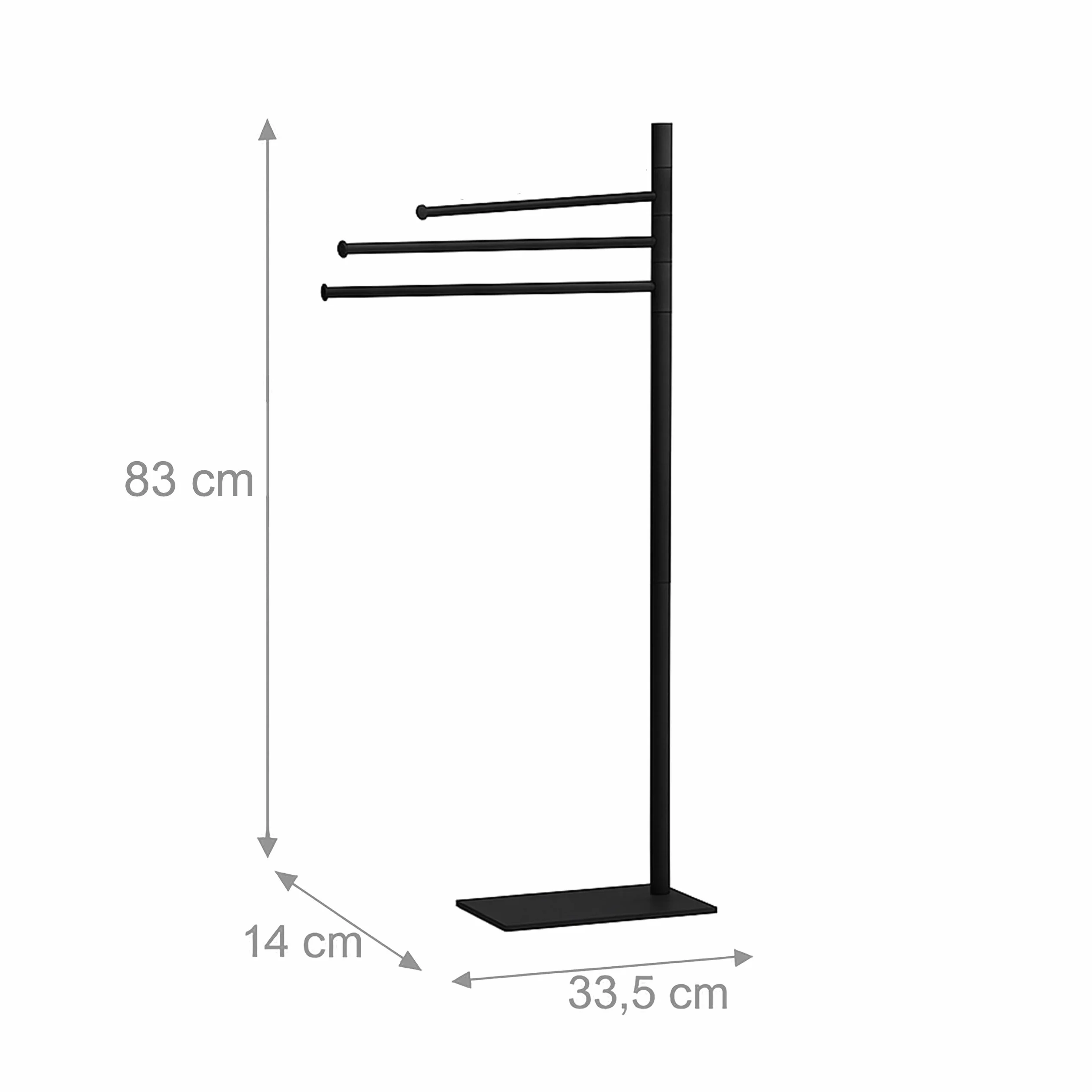 Relaxdays Portasciugamani a 3 Bracci Mobili Piantana da Bagno in Metallo Nero 83x33,5x14 cm