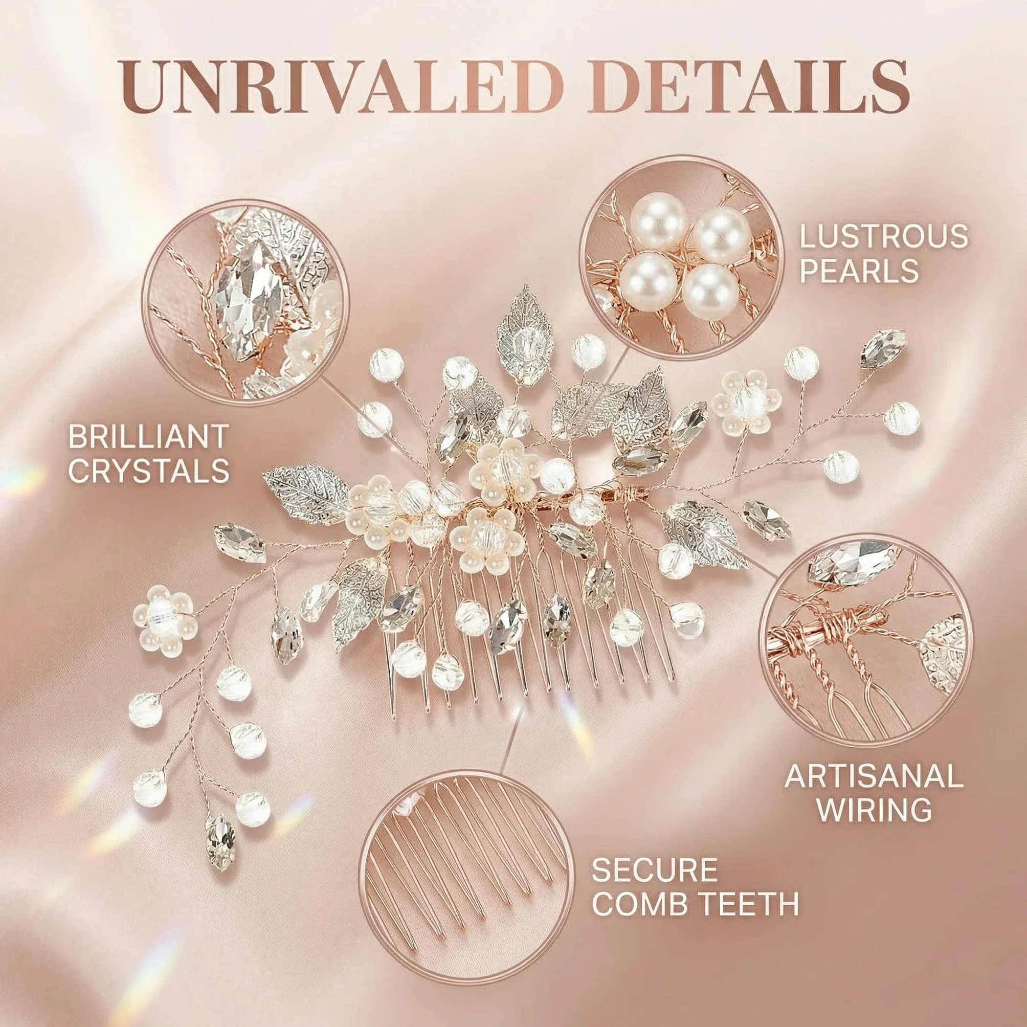 Accessori Capelli Sposa Oro Rosa, Pettini per Capelli da Sposa con Fiore e Perle, Fermaglio Capelli Sposa Donna, Accessorio per Capelli da Sposa in Cristallo per Donne e Ragazze