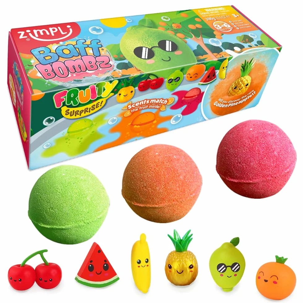 ZIMPLI - 3 x Large 100g Fruity Surprise Baff Bombz, 1 dei 6 giocattoli fruttati da collezionare, uno per ogni bomba da bagno, giocattolo da bagno per bambini, regalo con la paghetta