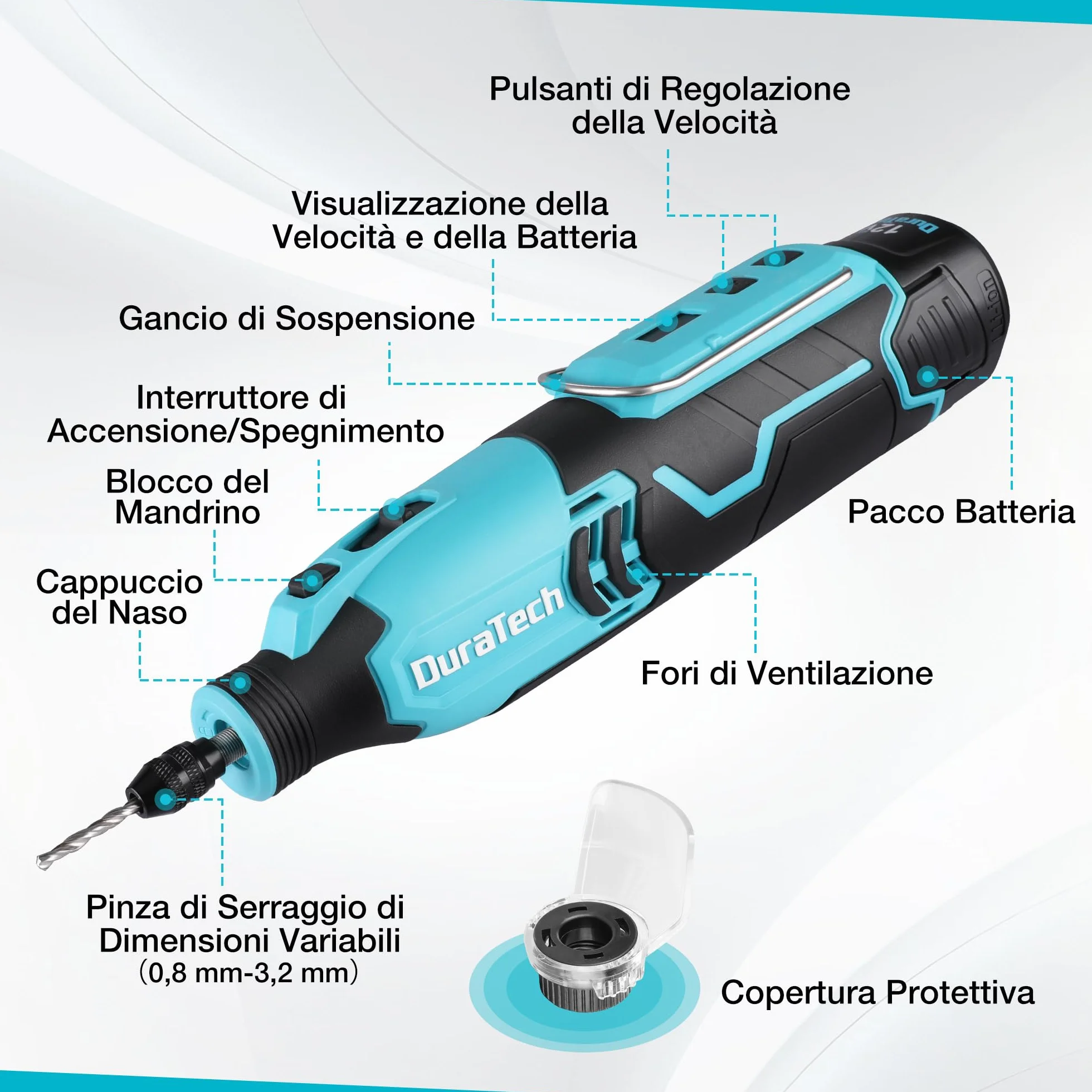 DURATECH Strumento Multifunzione Ricaricabile 35.000 giri/min 7 Velocità con 118 Accessori