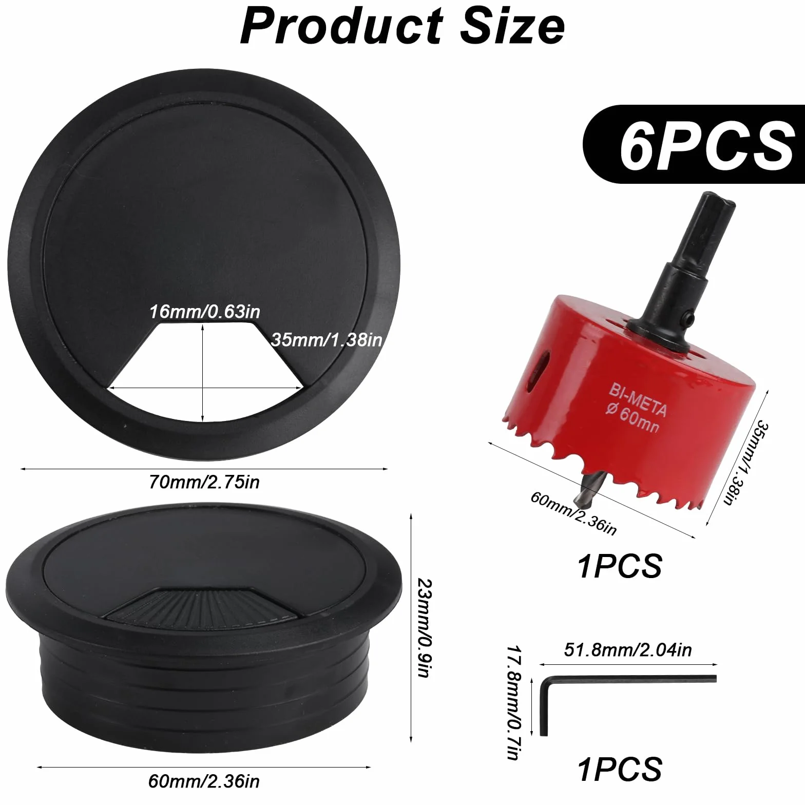 Punta da trapano per sega a tazza 60 mm e 6 coperture rotonde per cavi da scrivania nere