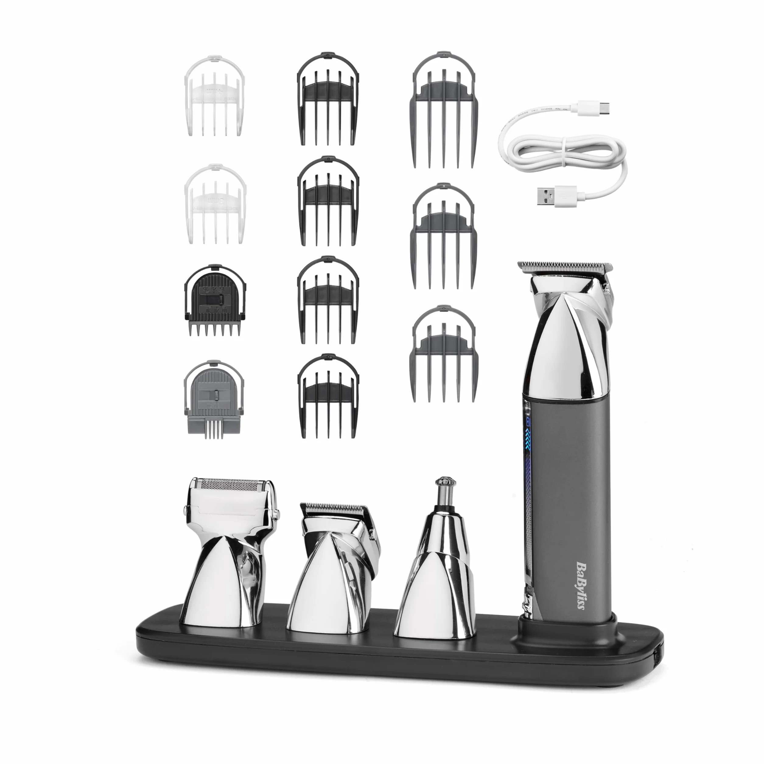 BaByliss Multikit Grooming 15in 1 Super-X Metal, per barba viso corpo e capelli, multi-uso, waterproof, cordless, silver/grey, MT996E