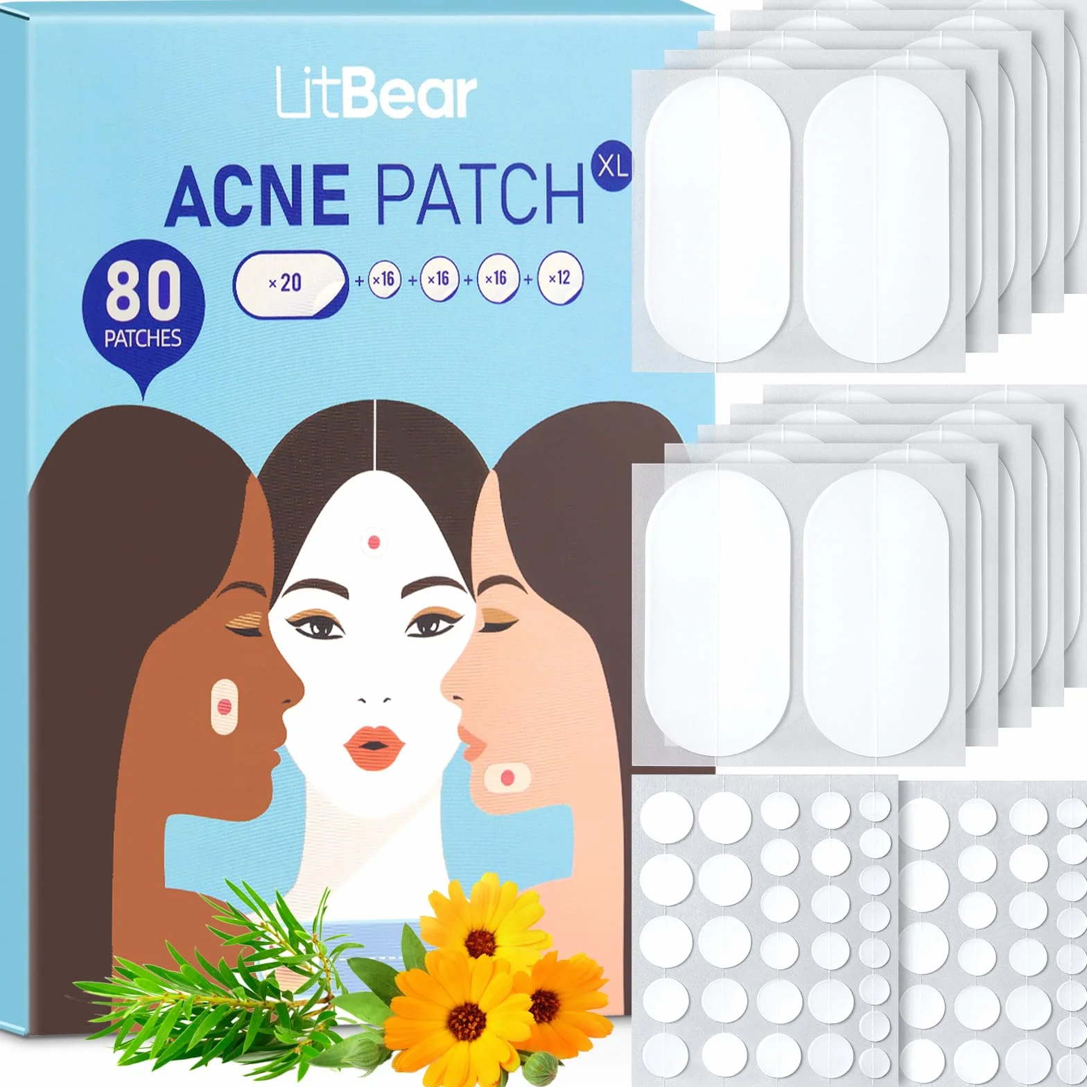 LitBear Grandi patch per brufoli in 5 misure per brufoli grandi, patch per acne per viso e corpo, trattamento macchie acne con olio di tea tree e calendula e idrocolloide (80 patch)