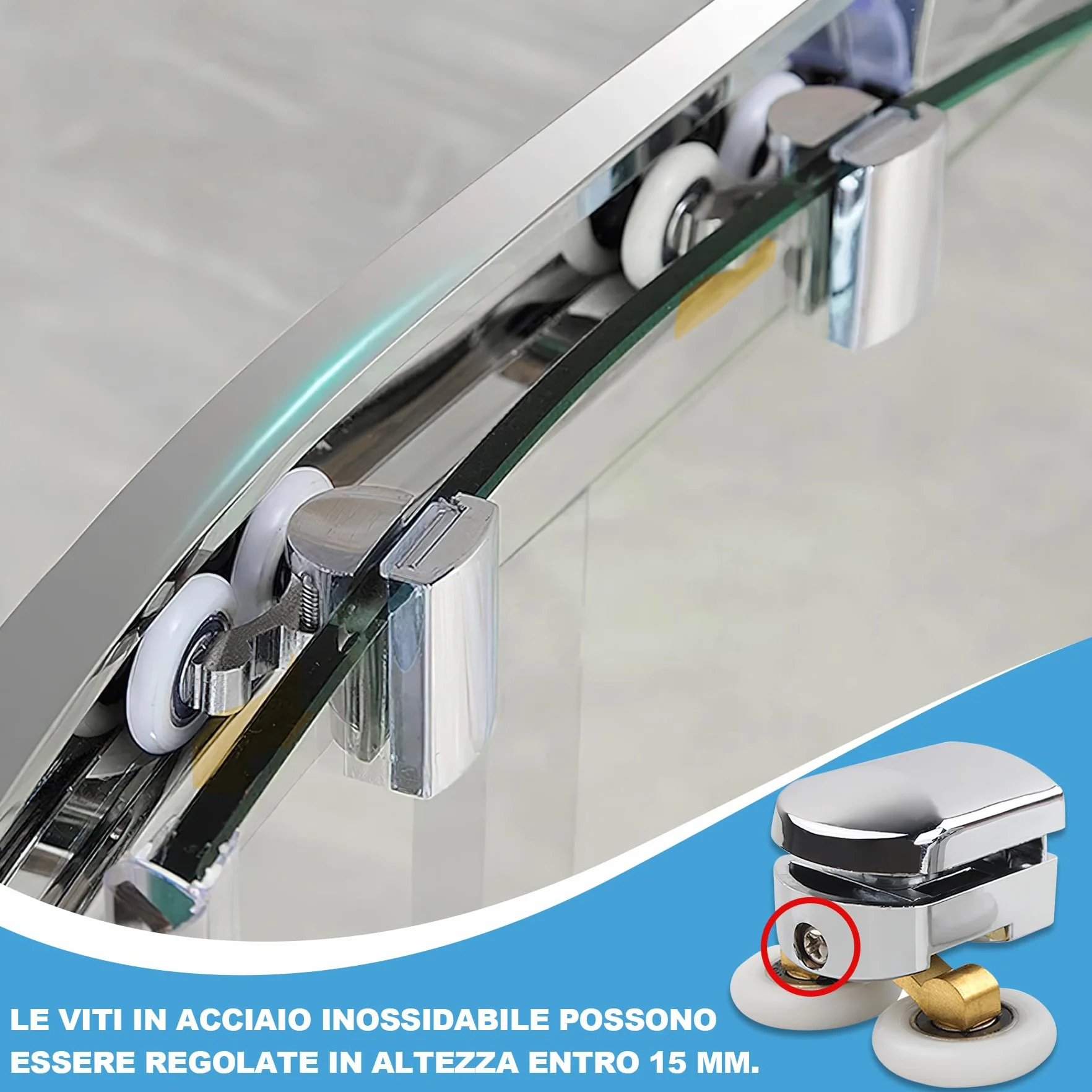 Rulli per Porta Doccia Ø25 mm, Rotelle per Box Doccia in Vetro 4-6 mm, Kit Porta Scorrevole