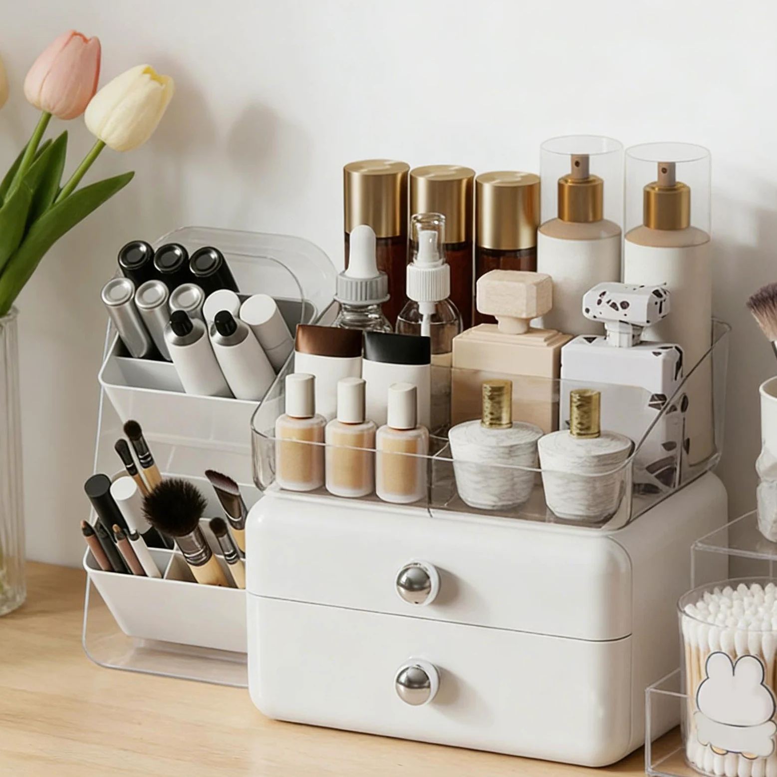 Organizer Trucco da Toeletta Espositore capiente con cassetti | Porta Trucchi con Portalpennelli per Casa, Bagno, Cucina, Lavabo, Cassettiera, Dispensa
