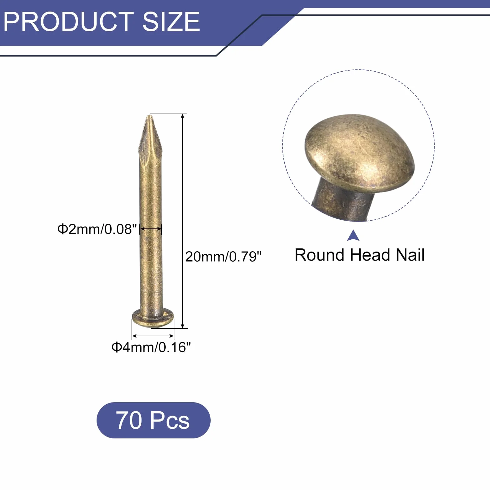 QUARKZMAN 70Pz Chiodi in Ottone 2x20mm(DxL) per Quadri Muro Testa Rotonda Piccoli Hardware Fai da Te