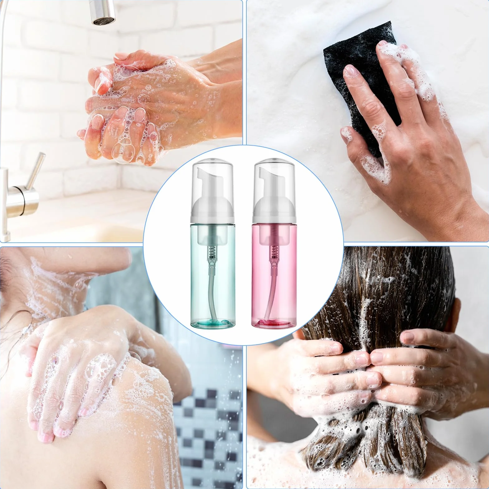 Confezione da 2 flaconi da viaggio in schiuma da 50 ml, dispenser di sapone in schiuma di piccole dimensioni, in plastica trasparente, mini contenitori vuoti ricaricabili, per lavaggio viso, shampoo e