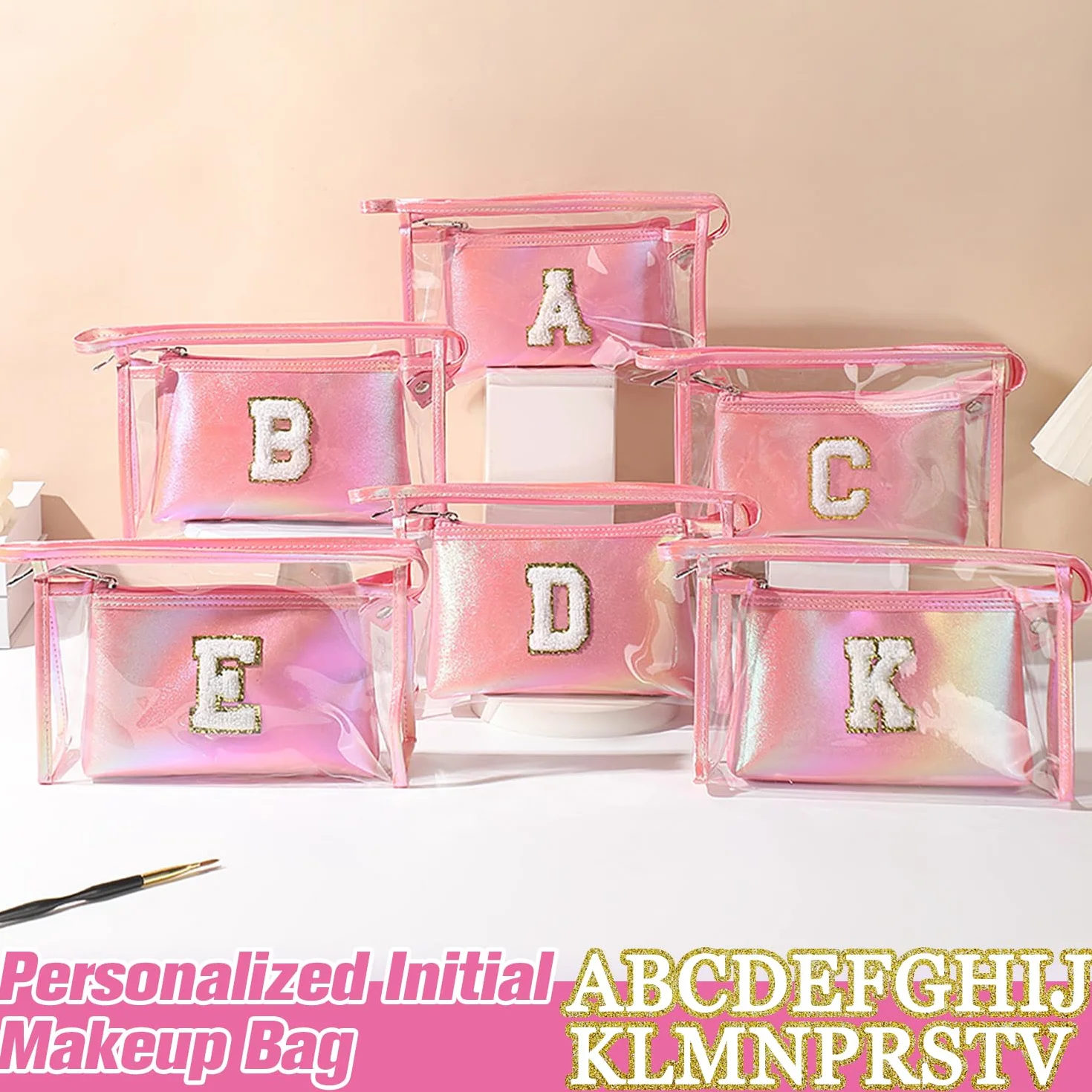 2 Pezzi Beauty Case da Viaggio Trasparente, Trousse Trucchi Donna, Borsa da Toilette in PU-PVC, Borse da Viaggio Impermeabile, Borsa Cosmetici Regalo Compleanno Natale Ideale per Donne Ragazze Rosa K