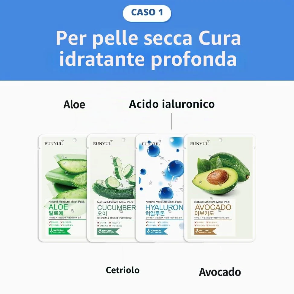 Eunyul Maschera in tessuto naturale Confezione Maschera Coreana Aloe, Collagene, Perla, Ialurone, Avocado, Melograno, Vitamina, Mirtillo, Tè Verde, Cetriolo, Confezione da 10
