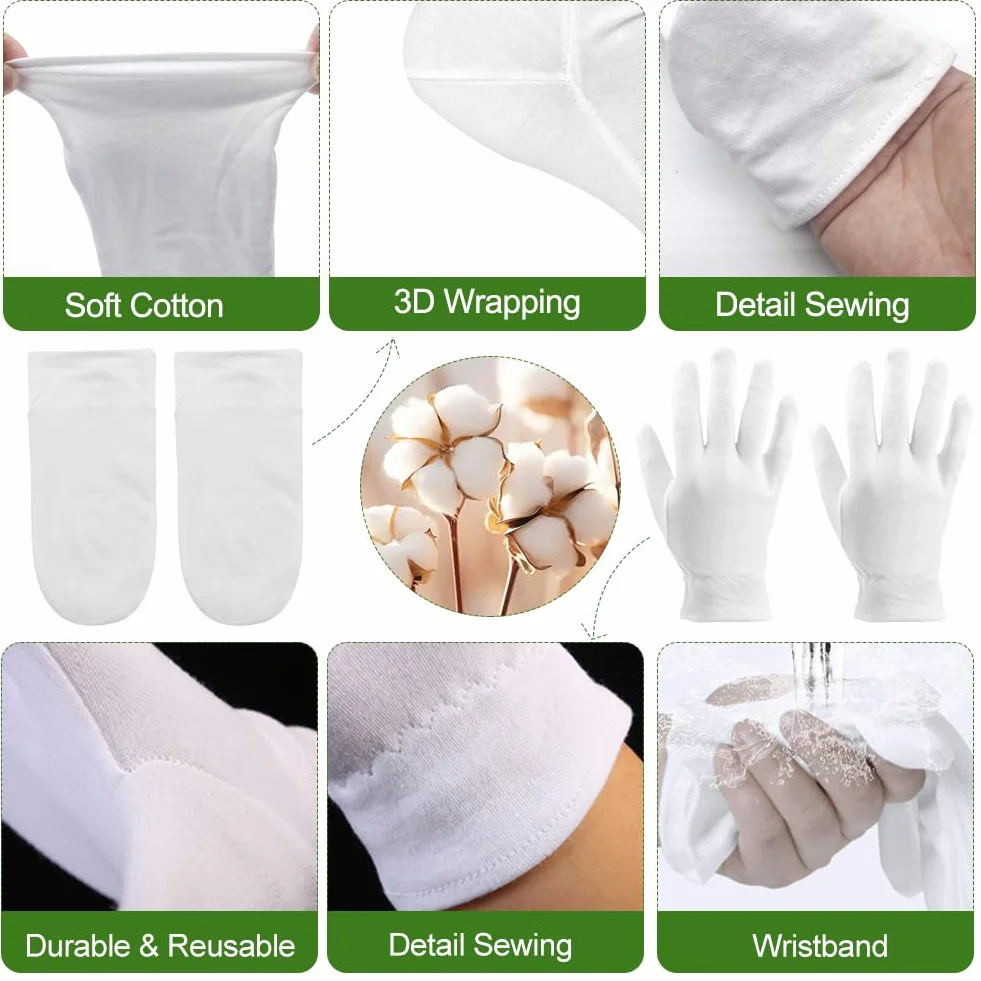 Guanti in Cotone Bianchi e Ccalzini Idratanti per Piedi Set, Riutilizzabili 2 paia Guanti in Cotone Bianco e 2 paia Calze Idratanti in Cotone per le Donne Eczema Mani Secche Cura Della Pelle e del Spa