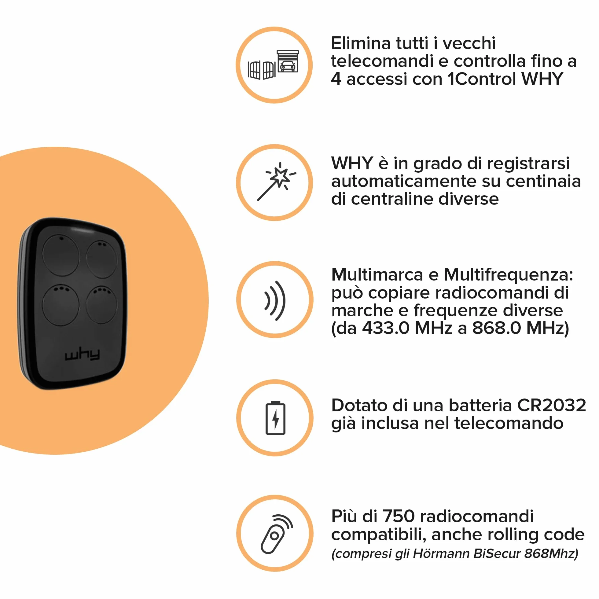 2 Radiocomandi Universali a 4 Tasti per Cancelli e Porte Garage, Rolling Code, Nero, Made in Italy