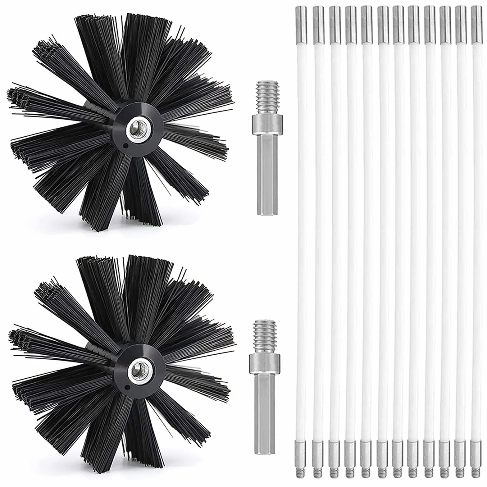 Spazzola Pulizia Camino 150mm con 12 Aste Flessibili 410mm e 2 Testine Kit per Canna Fumaria